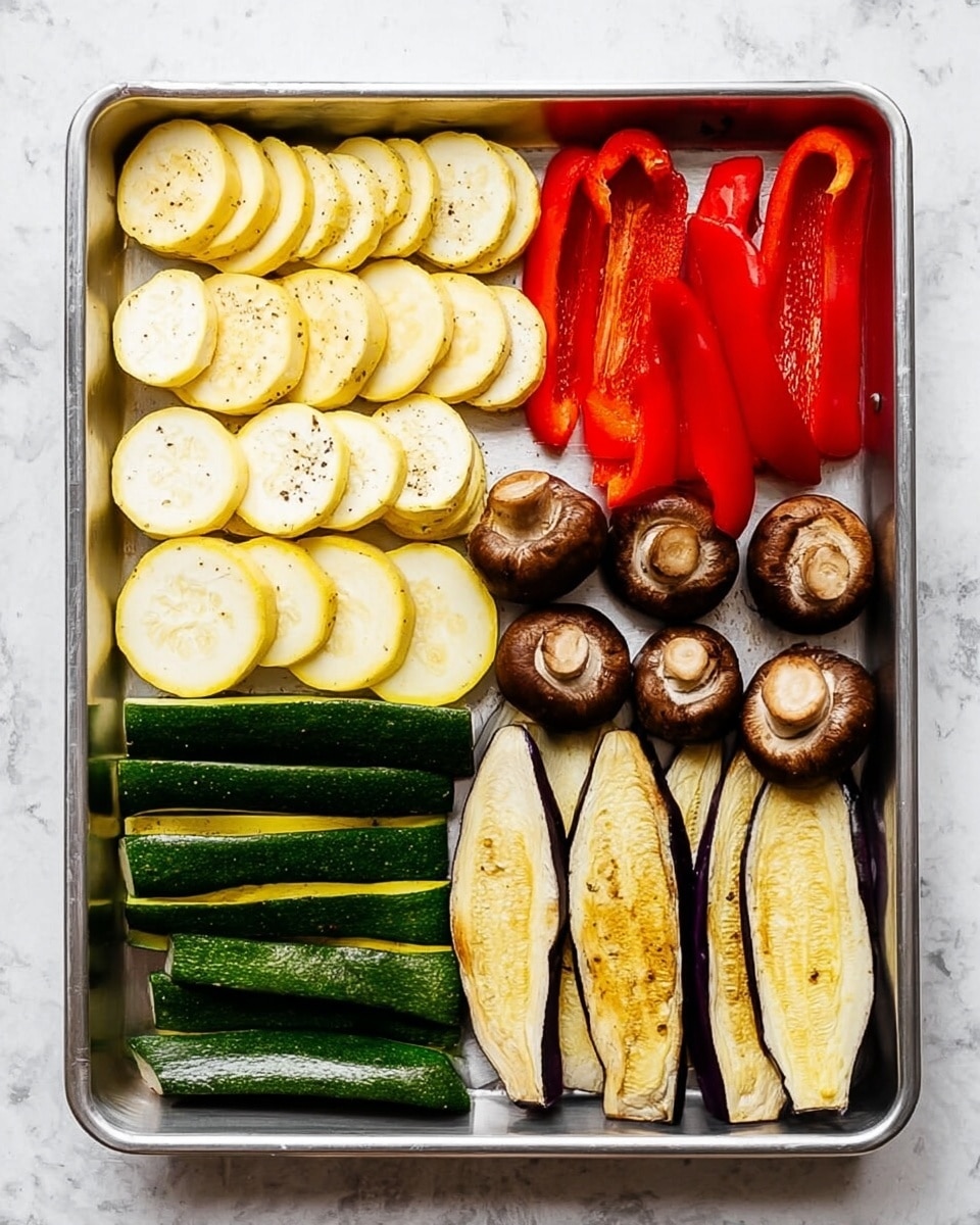 A metal tray holds six neat rows of sliced vegetables, arranged from left to right on a white marbled texture surface. The first row has pale yellow sliced zucchinis, the second row holds thick green zucchini sticks with some seasoning sprinkled on top. Next, two bright red bell pepper halves sit side by side, followed by a neat cluster of brown mushrooms with glossy caps and light stems in the middle. To the right, there are pale yellow slices of eggplants with dark purple edges, and the last row features slightly thicker eggplant slices with a golden-brown seasoning crust. All vegetables look fresh and ready to be cooked photo taken with an iphone --ar 4:5 --v 7
