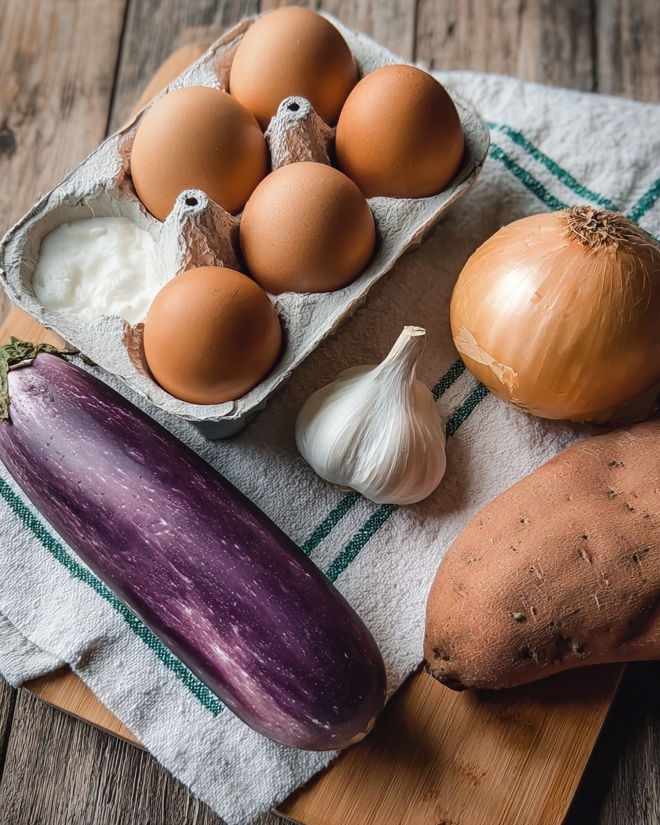 The image shows six brown eggs in a white egg tray placed on a white cloth with green stripes, lying on a wooden cutting board. Next to the eggs, there is a long, smooth purple eggplant, a whole light yellow onion with papery skin, two garlic cloves with white skin, and a medium-sized sweet potato with rough brown skin. The background is a wooden surface that looks like a cutting board, creating a natural, rustic feeling. photo taken with an iphone --ar 4:5 --v 7