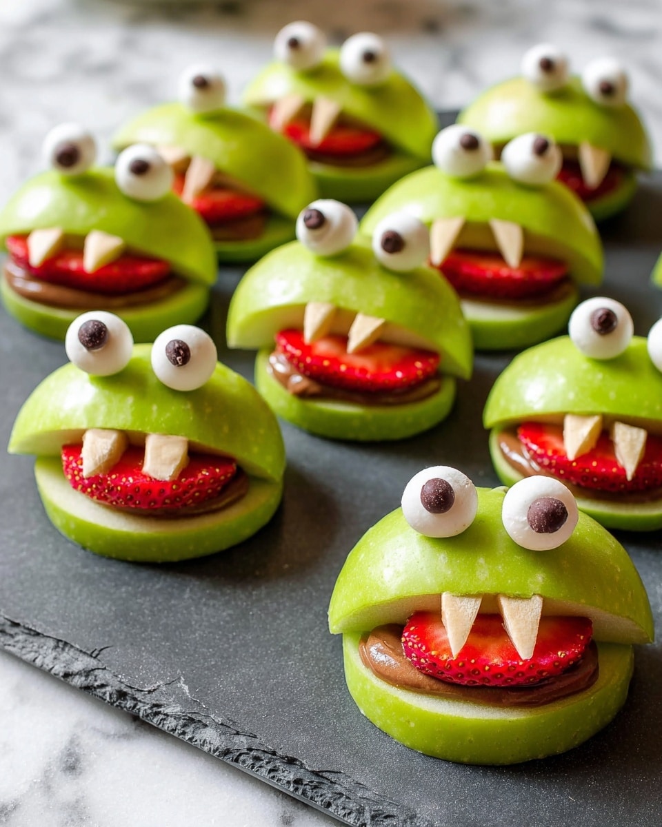 The image shows a group of playful green apple snacks shaped like little monsters placed on a white marbled surface and a dark slate board. Each monster is made of two round green apple slices stacked to form the body, with a mouth gap filled with smooth brown spread. The monsters have sharp white almond slivers as teeth positioned vertically inside the mouth area, and a red strawberry slice is placed sticking out like a tongue. On top of each apple slice, two round white candy eyes with small dark chocolate chips in the middle give them a cute look. The monsters appear in rows, with three more focused in the front and several blurred in the background, all evenly lit in natural light. Photo taken with an iphone --ar 4:5 --v 7