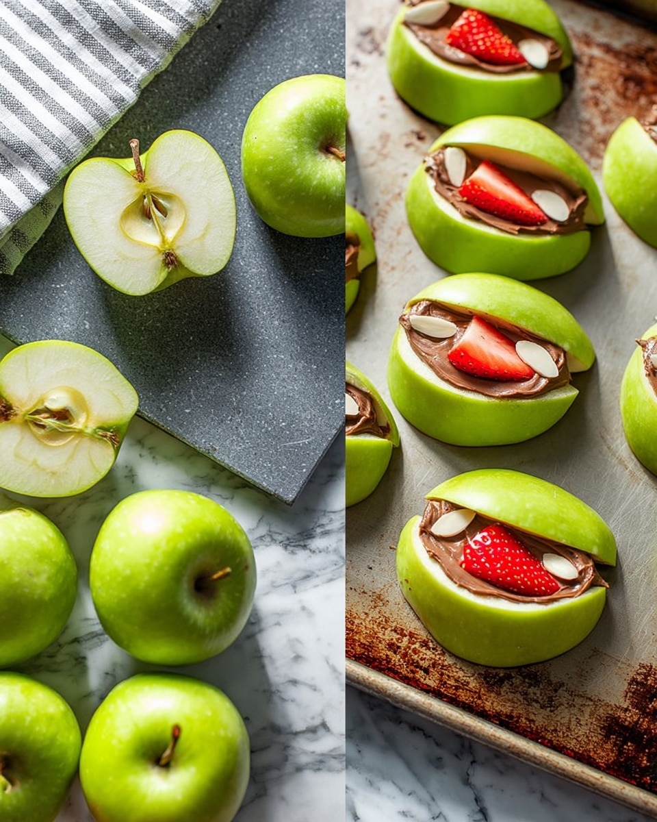 The image shows two views of a green apple snack preparation. On the left side, there are whole green apples and green apple halves with a clean smooth peel, placed on a dark gray slate surface beside a striped cloth, all set against a white marbled texture background. On the right side, close-up green apple slices serve as the base and top of each snack, with a middle layer of thick brown chocolate spread, a strawberry slice in the center, and small almond slivers scattered on top, all arranged on a worn metal baking sheet with the same white marbled texture background. photo taken with an iphone --ar 4:5 --v 7