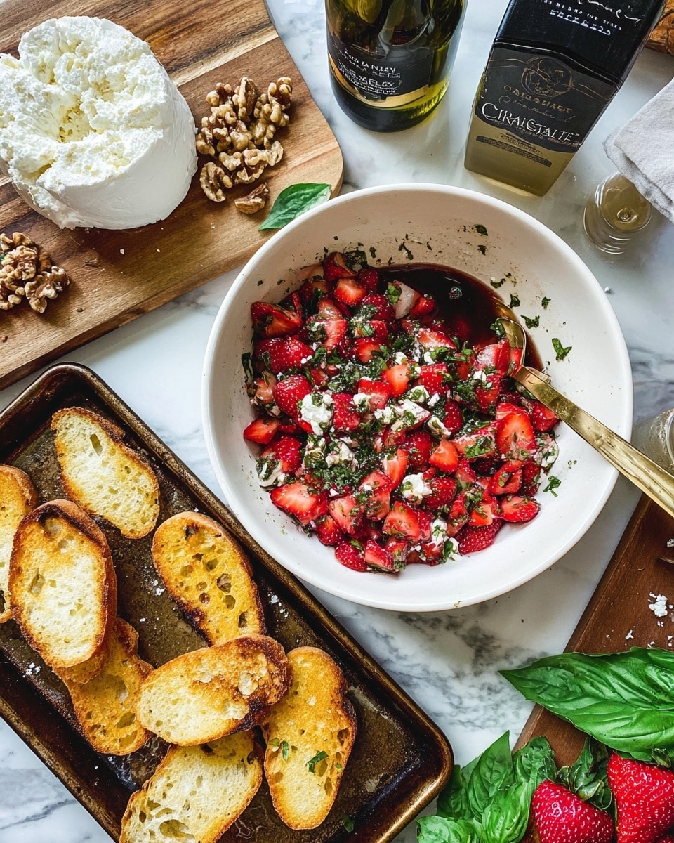 The image shows several pieces of toasted golden brown bread arranged closely on a white plate. Each piece has three layers: the bottom layer is the crunchy toast with a slightly rough texture, the middle layer is a smooth white spread that looks creamy, and the top layer consists of bright red chopped strawberries mixed with small white nut pieces and a few green herb leaves, giving a fresh and colorful look. The plate sits on a white marbled surface, and part of a striped cloth is visible at the edge. Photo taken with an iphone --ar 4:5 --v 7