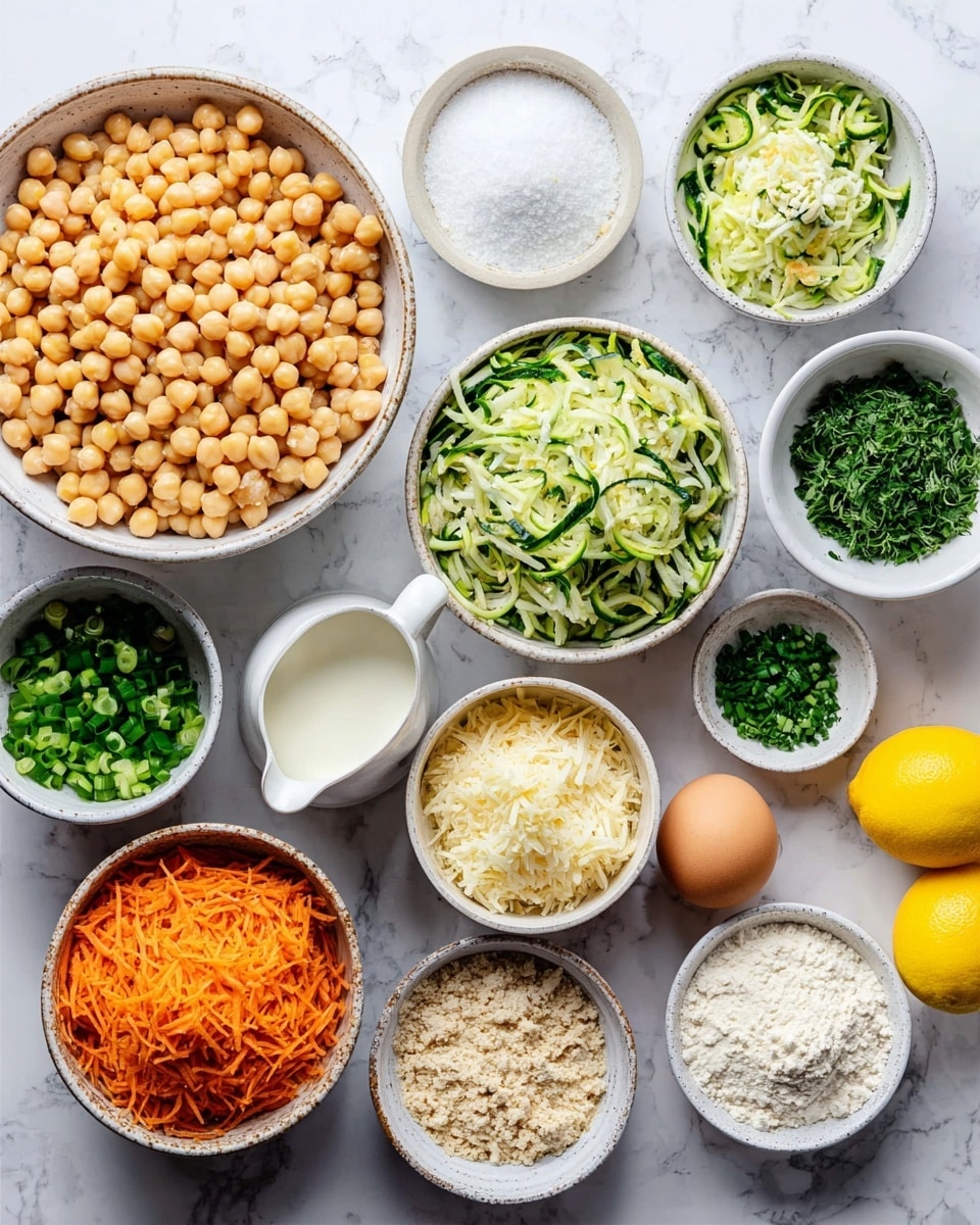 The image shows many small white bowls arranged on a white marbled surface, each holding different raw ingredients. Starting from the top left is a large bowl filled with chickpeas in a pale yellow color, followed by a small bowl with white coarse salt above it. Next to it is a bowl with green shredded zucchini, and above that a bowl with chopped green herbs, minced white onion, and lemon zest. To the right is a small white jug with creamy white yogurt or sauce. Below the zucchini is a bowl of grated light yellow cheese, and next to that is a bowl of white flour. Surrounding those are bowls with chopped green onions, green herbs, and a grainy light beige ingredient, likely breadcrumbs. There is also a single brown egg and two lemon halves with bright yellow skin and pale yellow inside on the surface. In the center bottom is a bowl filled with shredded bright orange carrots. The bowls are neat and the colors are fresh and vibrant, all on a clean white marbled background. photo taken with an iphone --ar 4:5 --v 7