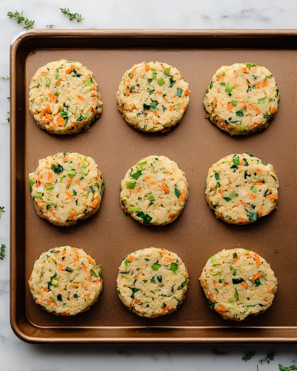 Eight round vegetable patties are arranged in two rows on a brown baking tray placed on a white marbled surface. Each patty has a mixed texture with light beige base and visible small pieces of green herbs, orange carrots, and sliced green onions spread evenly throughout. The patties have a lightly browned edge, showing they are ready to be cooked or baked. Small green herb leaves can be seen scattered near the tray on the marbled background. photo taken with an iphone --ar 4:5 --v 7