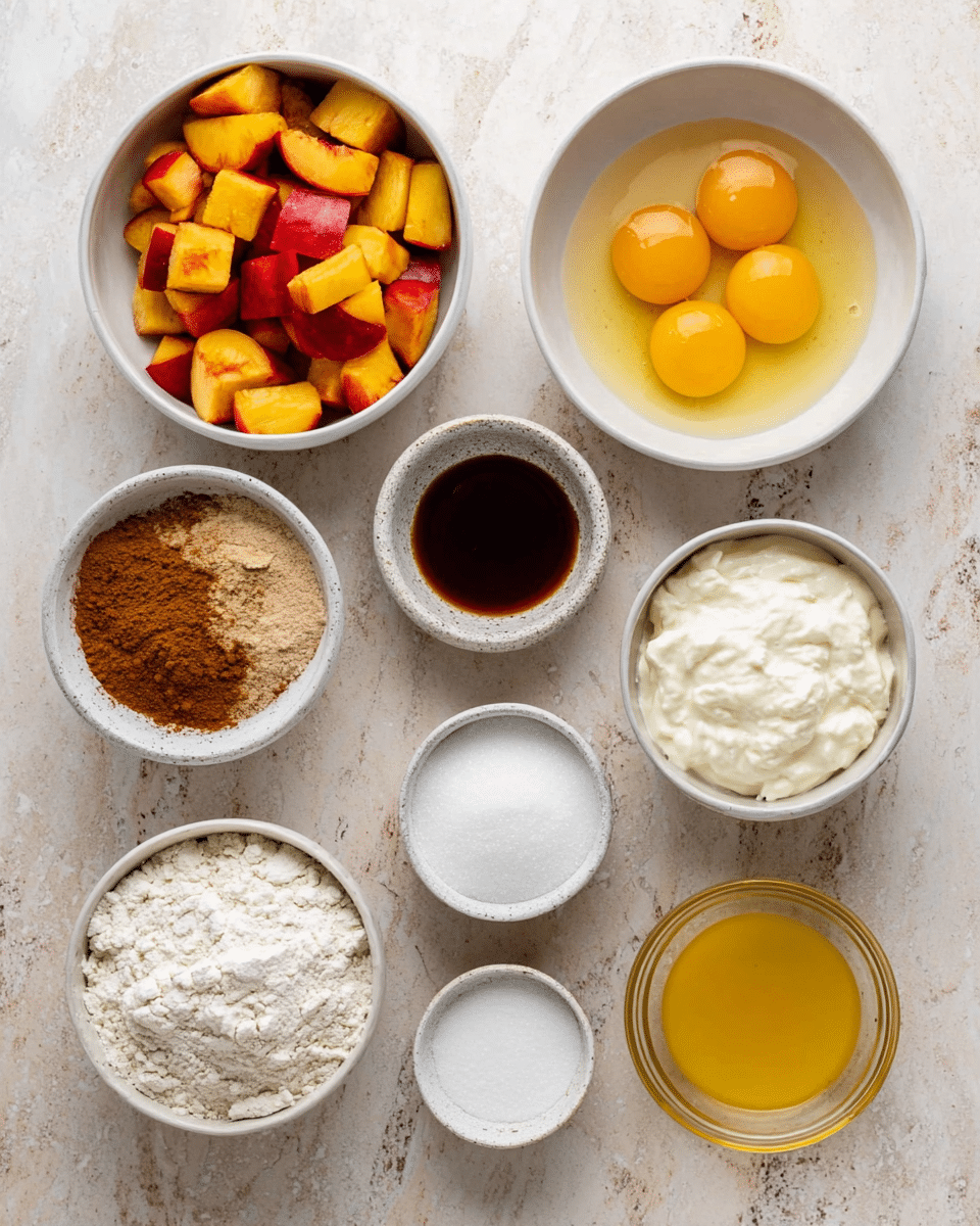 The image shows nine bowls arranged on a white marbled surface, each holding different baking ingredients. In the top left bowl, there are small cubes of red and yellow fruit, likely peaches or nectarines. To its right, a bowl with three raw eggs cracked open and mixed with a yellow liquid. Below the fruit, there's a small bowl containing dark brown vanilla extract beside another small bowl filled with brown cinnamon powder. Centered below these, a larger bowl of white all-purpose flour is placed. To the right of the flour, a bowl contains a soft white creamy mixture, possibly yogurt or cream cheese. Below the flour, there is a bowl with white granulated sugar. On either side of the sugar bowl, two tiny bowls hold salt and baking powder. Finally, in the bottom right corner, a glass container holds melted golden butter. Photo taken with an iphone --ar 4:5 --v 7