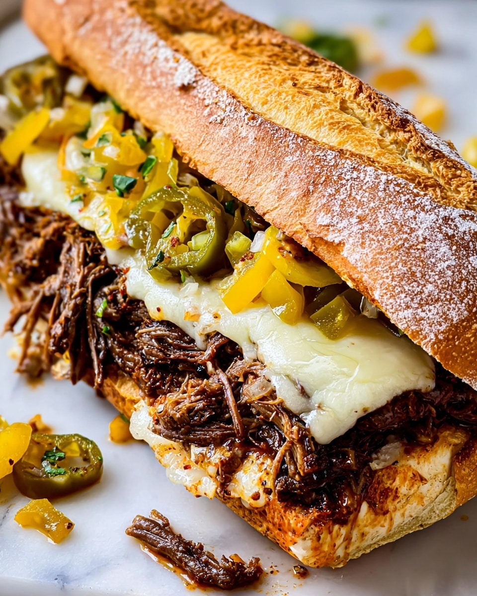 A close-up of a sandwich with three main layers: the bottom layer shows shredded dark brown meat with visible spices, the middle layer has melted white cheese, and the top layer is made of chopped yellow and green pickled peppers. The sandwich is held together by a toasted golden-brown hoagie roll with a slightly crispy and flour-dusted top. The sandwich rests on a white marbled surface with small pieces of peppers scattered around. Photo taken with an iphone --ar 4:5 --v 7