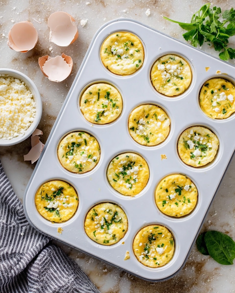The image shows a white muffin tray with twelve small, round egg muffins. Each egg muffin has a light yellow top layer with small bits of white cheese and green herbs scattered throughout. The edges of the muffins are slightly golden brown, and the surface is smooth with some textured spots from the herbs and cheese. The tray sits on a white marbled surface, next to a white bowl filled with crumbled cheese and fresh green leaves. Broken eggshells rest nearby on the marbled surface. A gray and white striped cloth is partially visible in the upper left corner. photo taken with an iphone --ar 4:5 --v 7