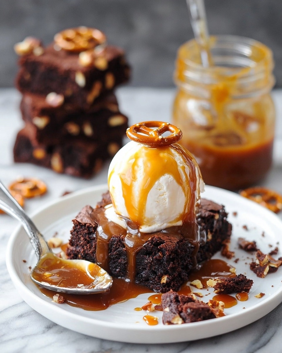 A white plate holds a dark brown brownie square with visible light-colored nuts inside. On top, there is a single scoop of white ice cream melting slightly over the brownie, with drizzles of rich caramel sauce flowing down the sides. A small pretzel is partially pressed into the ice cream, also covered in caramel. Around the plate, there are broken pieces of pretzel and small caramel pools. A woman's hand is holding a silver spoon with a bite-sized piece of brownie and ice cream. In the background, blurred stacked brownie squares with pretzels on top and a glass jar filled with caramel sauce with a spoon inside sit on a white marbled surface. photo taken with an iphone --ar 4:5 --v 7