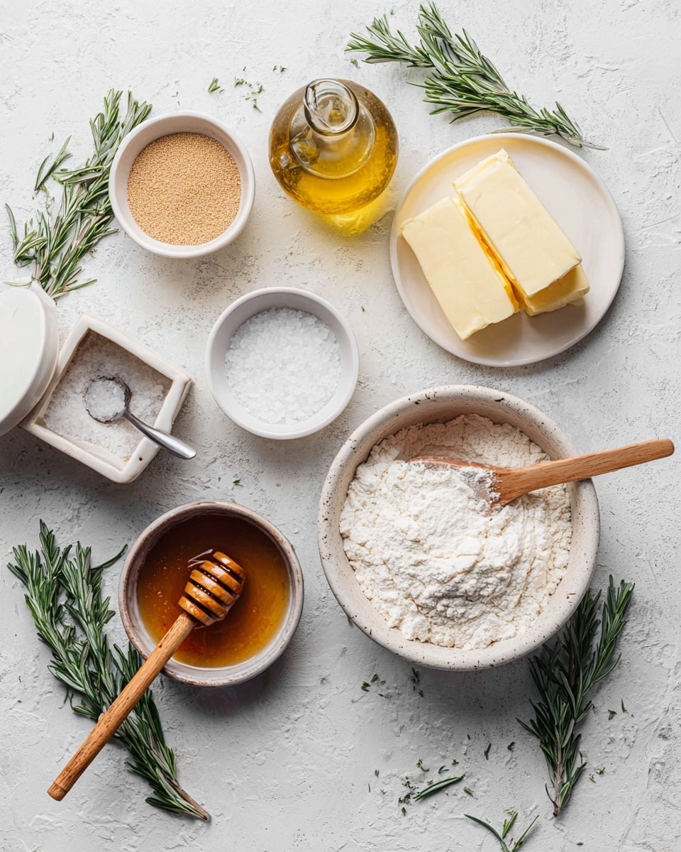 The image shows a flat lay of baking ingredients arranged on a white marbled surface. In the center right, there is a white bowl filled with white flour with a wooden spoon resting partially inside. To the right of the bowl is a round white plate holding two light yellow blocks of butter. Above the flour bowl, there is a glass bottle of golden oil. On the top left, a small white bowl contains light brown yeast granules. Below it, a white wooden salt box with a lid is partially open, showing white salt inside with a silver spoon. Next to the salt box, a small round white plate holds coarse white sea salt flakes. At the bottom left, a white bowl contains amber-colored honey with a wooden honey dipper. Several sprigs of fresh green rosemary are scattered around the items for decoration. The entire arrangement is on a white marbled textured background. photo taken with an iphone --ar 4:5 --v 7