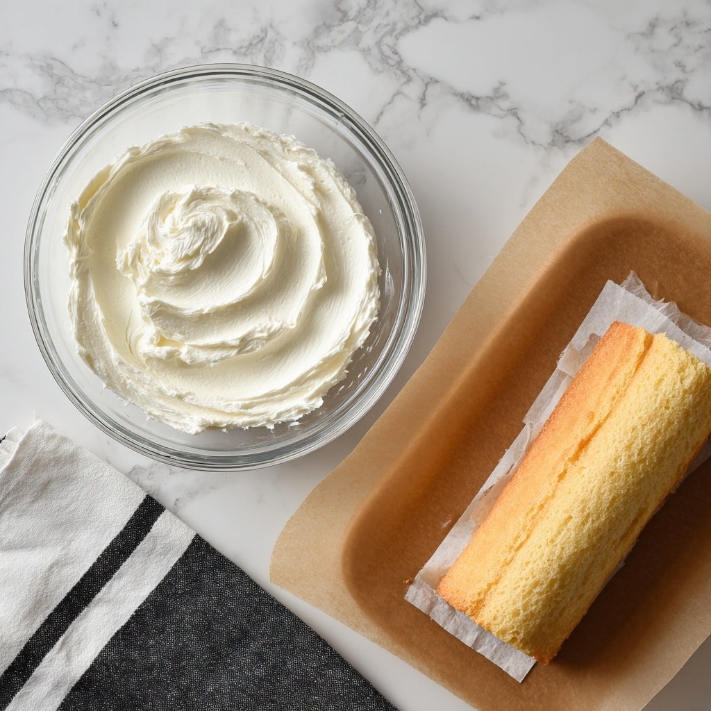 The image shows two parts: on the left, a clear glass bowl filled with smooth, creamy white frosting with swirls on its soft surface, placed on a white marbled texture; on the right, a rectangular cake layer lying on brown parchment paper, partially covered with a thick, even layer of the same white frosting, with another rolled-up cake layer beside it ready to be unrolled for frosting, all set on the same white marbled texture with a folded black and white striped cloth visible at the bottom. photo taken with an iphone --ar 4:5 --v 7