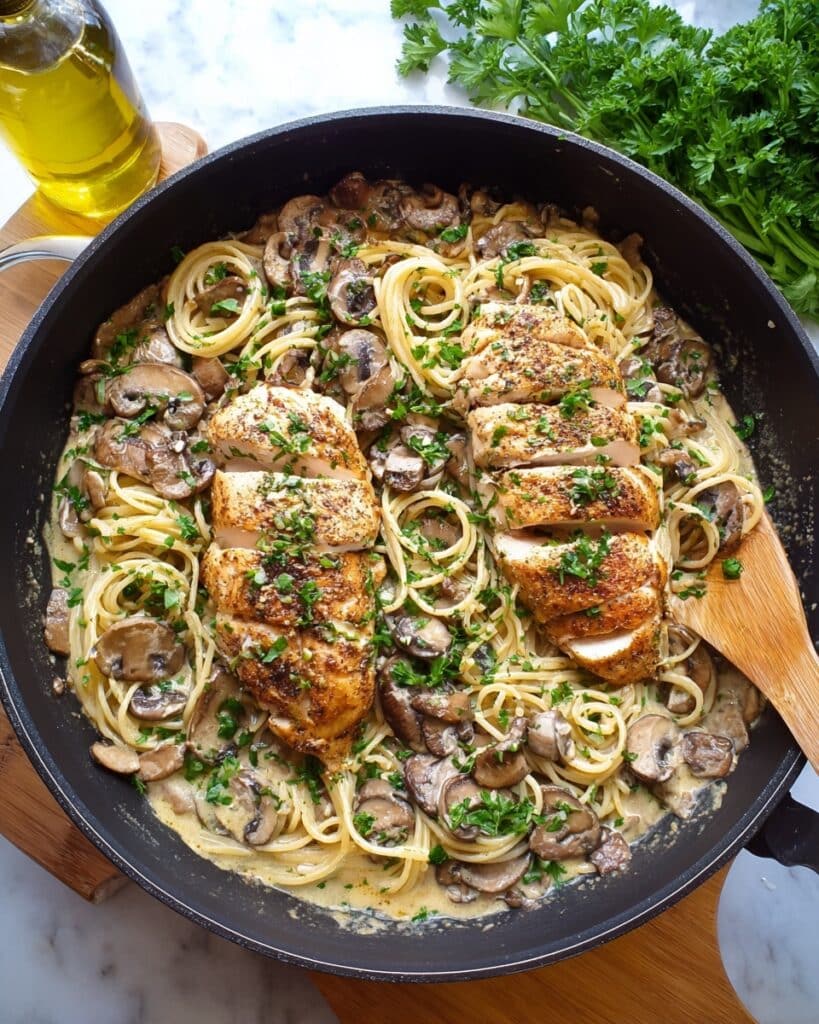 Easy One Pan Creamy Mushroom Chicken Pasta Recipe