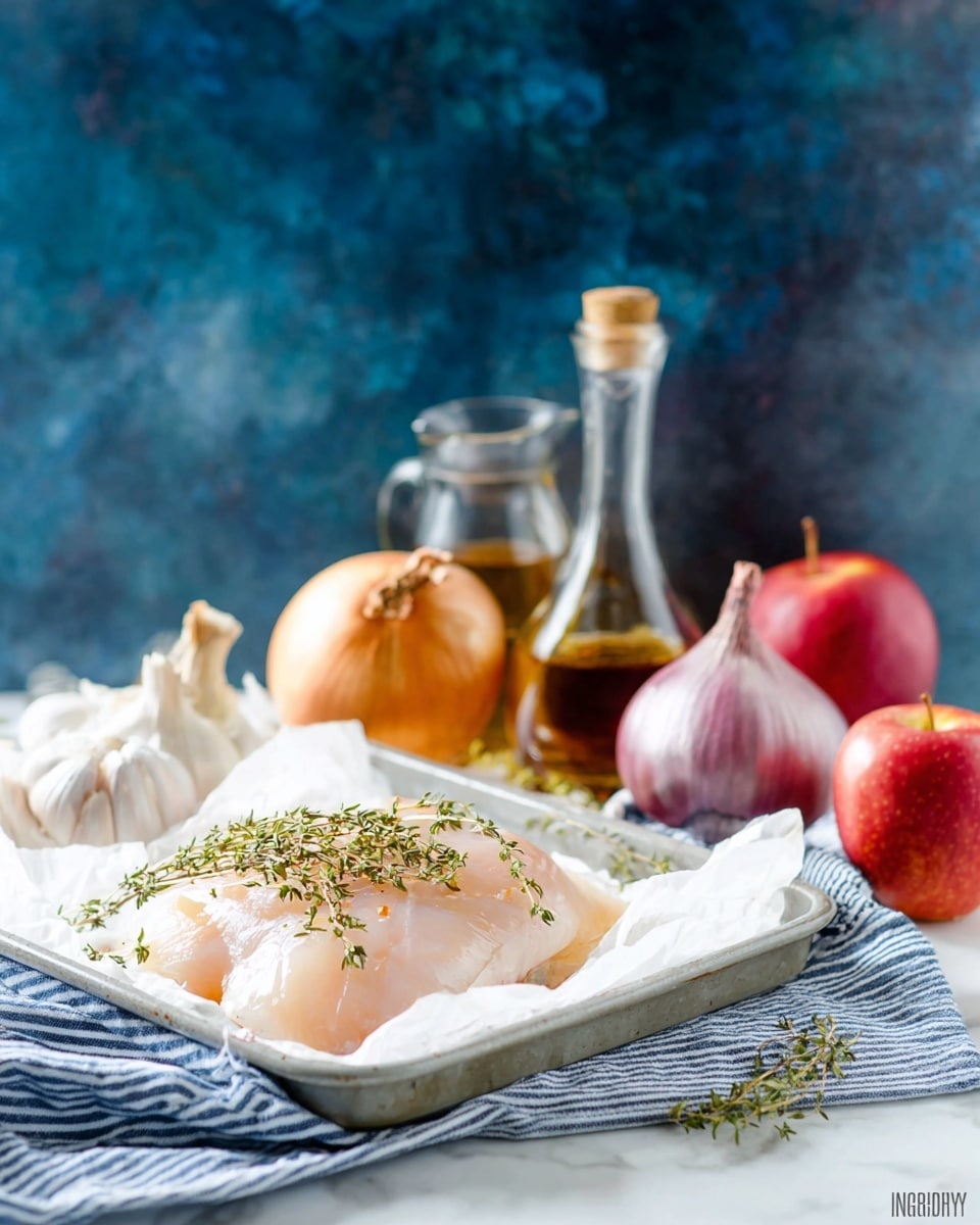 A white tray holds a piece of raw pale chicken meat topped with tiny green thyme sprigs, placed on white parchment paper. Behind it on the tray are a golden brown onion, two light purple garlic cloves, a small glass jar of honey with a gold lid, a short glass with dark liquid, a tiny bottle of clear olive oil, and two red apples. The tray is set on a blue and white striped cloth, all arranged on a white marbled surface with a dark blue blurred background. Photo taken with an iphone --ar 4:5 --v 7