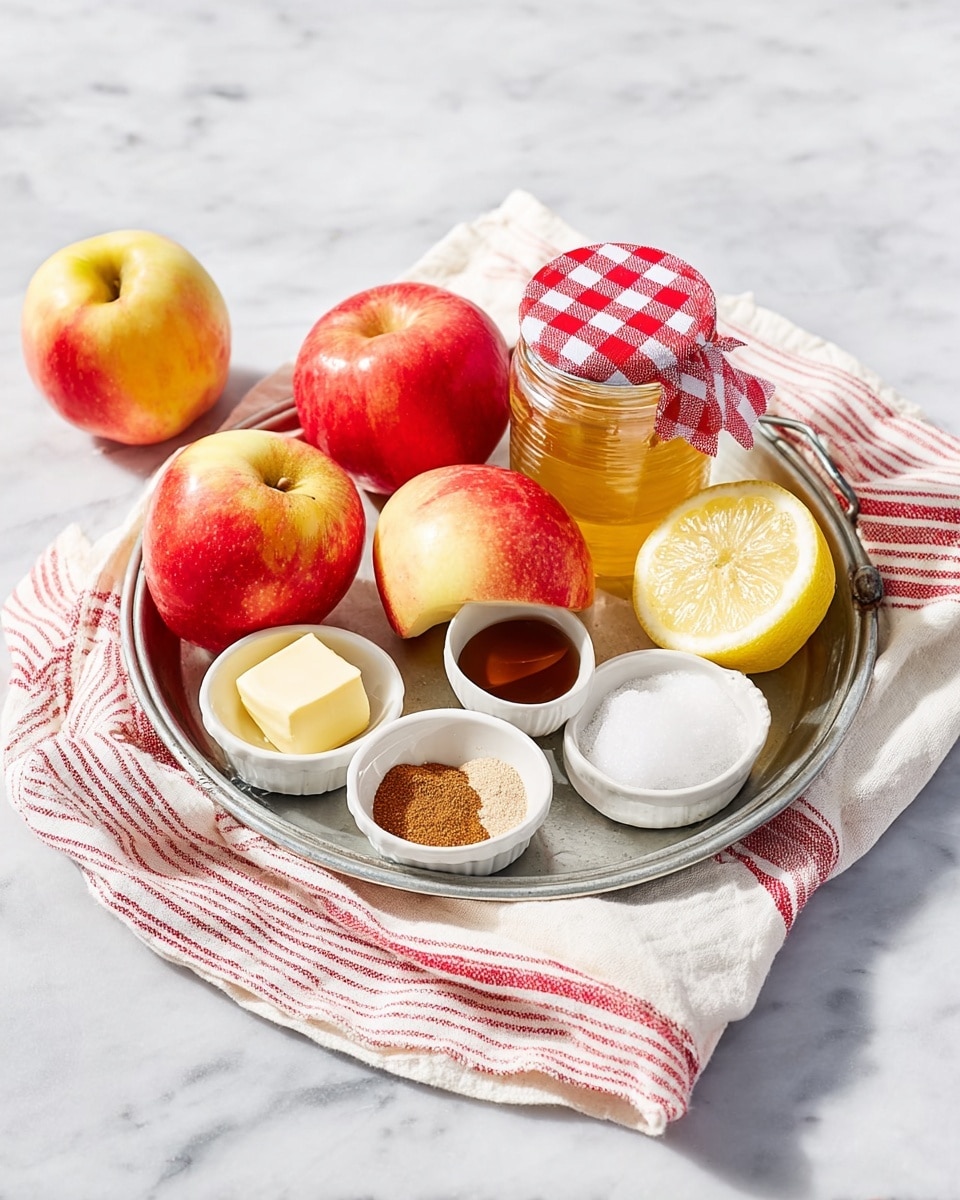 A round metal tray with a white cloth with red stripes draped around it sits on a white marbled surface. On the tray, there are four red and yellow apples, one lemon cut in half showing its yellow inside, and a glass jar with a red and white checkered lid. In front, there are small white dishes with a square of pale yellow butter, dark brown liquid, and a mix of brown spices, alongside a small white bowl with white powder and a cylindrical white piece on top. Outside the tray, on the left, there is one whole apple. photo taken with an iphone --ar 4:5 --v 7