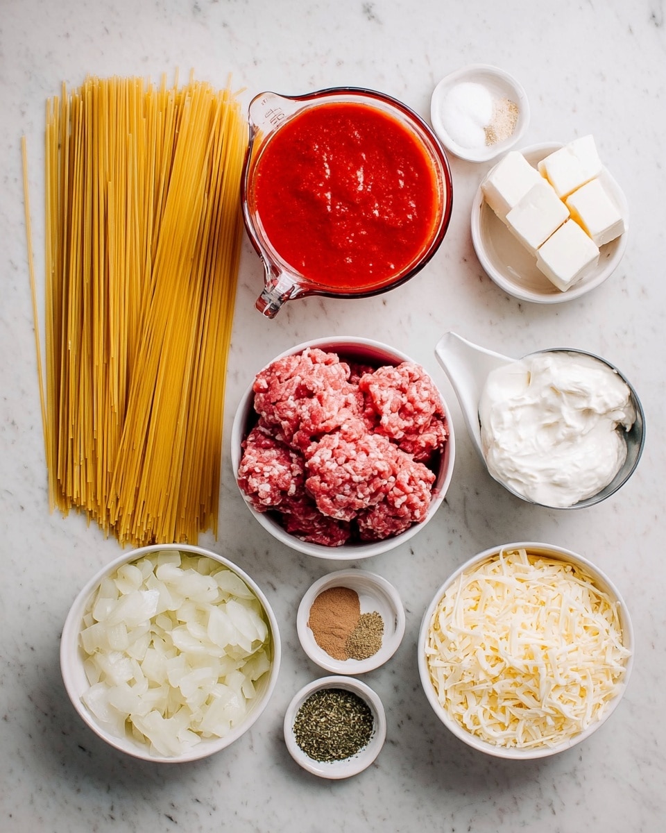 The image shows ingredients for a pasta dish arranged neatly on a white marbled surface. On the left, there is a bunch of uncooked spaghetti with a light yellow color. Next to it, there is a clear glass measuring cup filled with bright red tomato sauce. Above that, five white cheese cubes are stacked in a small white bowl. In the center, a white bowl holds raw ground meat, pink and rubbed together. Below that, diced white onions are in a small white bowl, and to the right, shredded pale yellow cheese fills another white bowl. Further to the right, a metal measuring cup contains white creamy ricotta, surrounded by small white bowls holding dried green herbs, salt, light brown garlic powder, and minced garlic all arranged closely. photo taken with an iphone --ar 4:5 --v 7