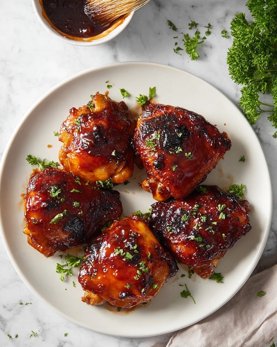 A white plate holds five pieces of cooked chicken thighs arranged in a circular pattern, each piece covered in a glossy, deep reddish-brown sauce with some charred dark spots. The chicken skin looks crispy with a sticky texture from the sauce, and small green parsley leaves are sprinkled on top for garnish. There are also a few parsley sprigs around the plate edge. Above the plate, a white bowl with remnants of the same dark sauce and a brush rests on a white marbled surface, with some scattered parsley leaves beside it. photo taken with an iphone --ar 4:5 --v 7
