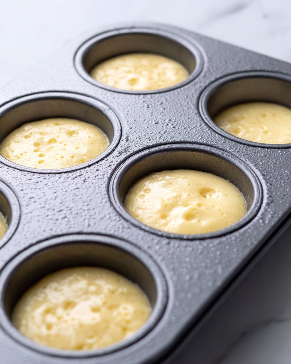 A close-up view of a dark gray metal muffin tray filled with light yellow batter in each cup. The batter is smooth with small bubbles on the surface, showing signs of rising. The tray sits on a white marbled surface with soft natural light highlighting the texture of the batter and the slightly rough texture of the tray around the edges. photo taken with an iphone --ar 4:5 --v 7