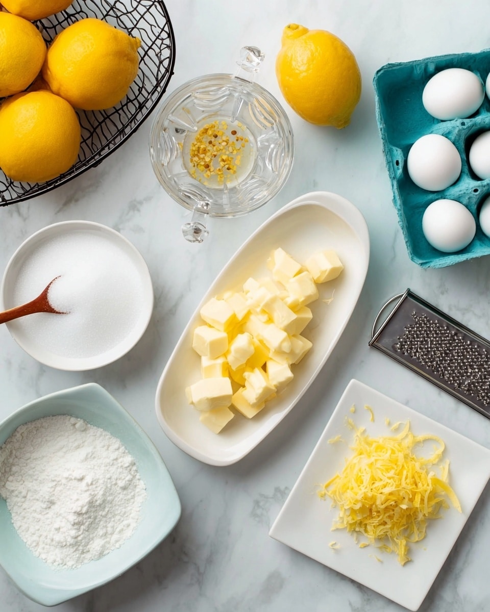 This image shows cooking ingredients arranged on a white marbled surface. In the center, there is a white oval plate filled with small yellow cubes of butter. To its left is a white bowl filled with white sugar and a small wooden spoon resting on top. Above the sugar bowl, there is a clear glass lemon juicer with half a yellow lemon and some seeds in it. On the right side of the butter plate, there is a white square plate with freshly grated lemon zest in bright yellow next to a metal grater. At the top right corner, there is a light blue egg carton holding three whole white eggs. In the top left corner, part of a black wire basket is visible with whole yellow lemons inside. Photo taken with an iphone --ar 4:5 --v 7