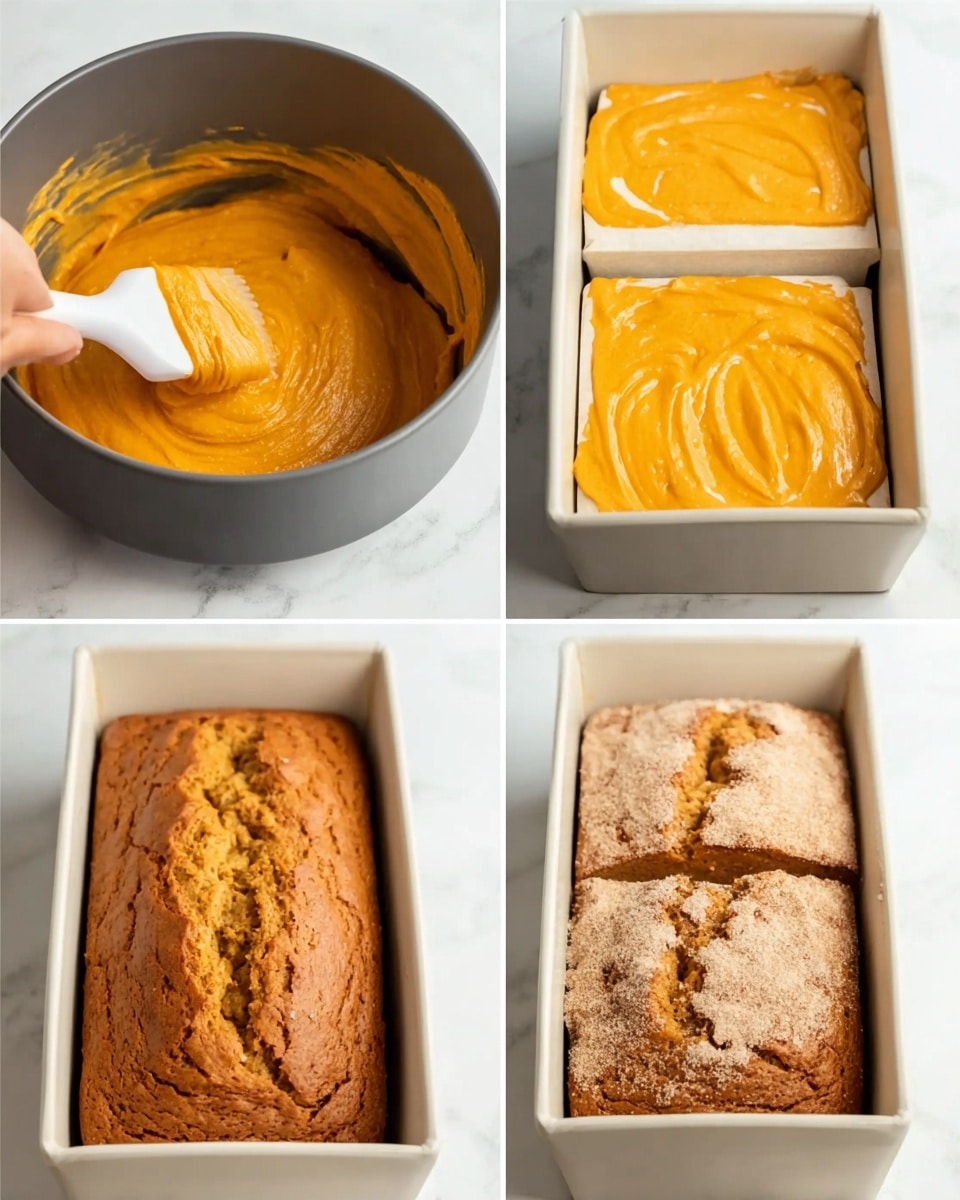 The image shows four stages of making pumpkin bread. In the first stage, there is a grey bowl filled with smooth orange batter being stirred with a white spatula held by a woman's hand. The second stage shows two white loaf pans side by side on a white marbled surface, each filled with smooth orange batter evenly spread inside. The third stage has the two loaf pans filled with batter, but now sprinkled with a light beige cinnamon-sugar mixture on top in an uneven pattern. The final stage shows the two loaf pans with baked pumpkin bread, golden brown and slightly cracked on top, with a light dusting of the cinnamon-sugar mix still visible. Photo taken with an iphone --ar 4:5 --v 7