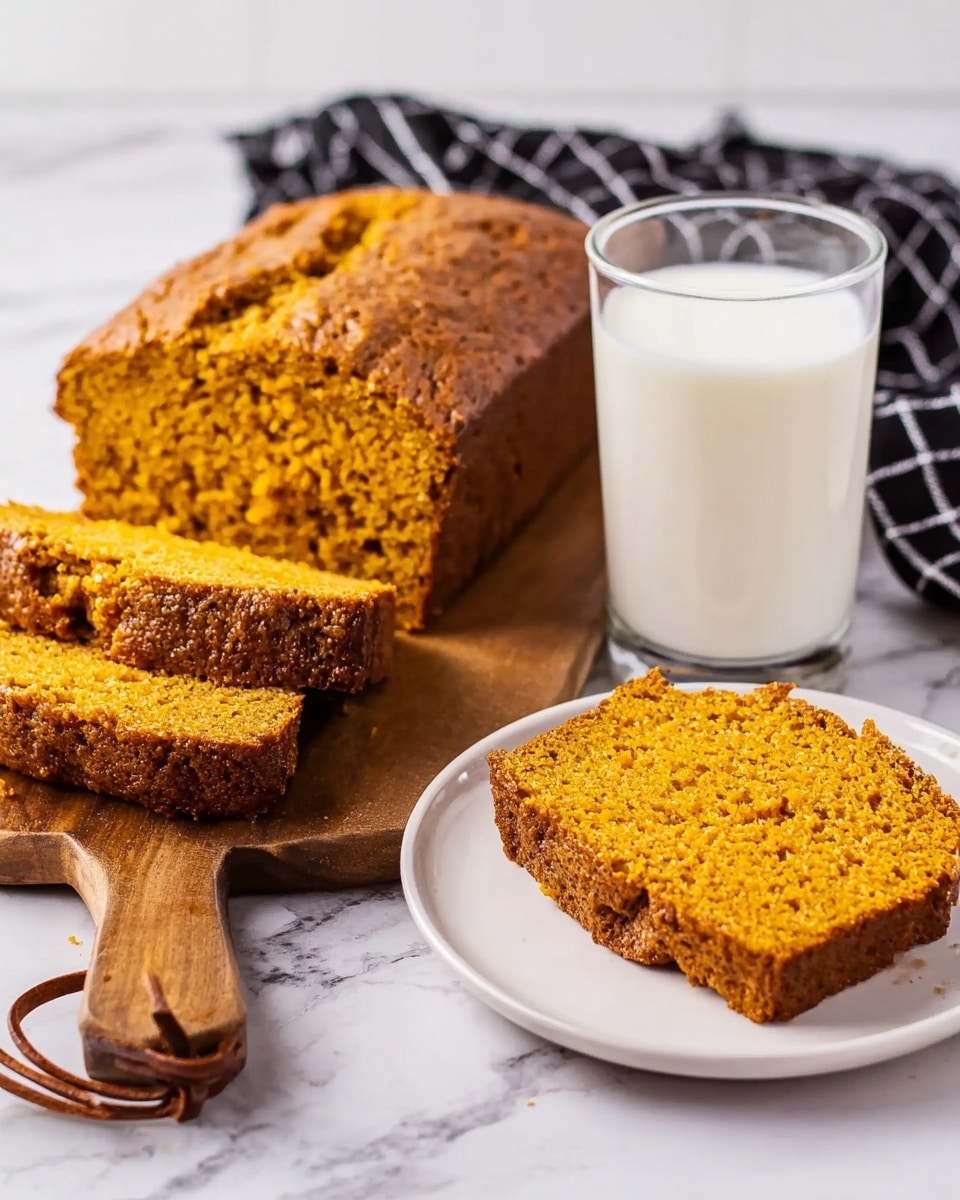 A loaf of orange-brown pumpkin bread with a slightly rough texture is shown sliced on a wooden board with a leather tie on the handle, revealing its dense, moist inside. The bread's crust is darker, with a crisp look. A single thick slice of the pumpkin bread is placed on a white plate, showing the same crumb texture. Next to the plate is a clear glass filled with white milk. The background is a white marbled surface with a blurred black-and-white cloth near the loaf. Photo taken with an iphone --ar 4:5 --v 7