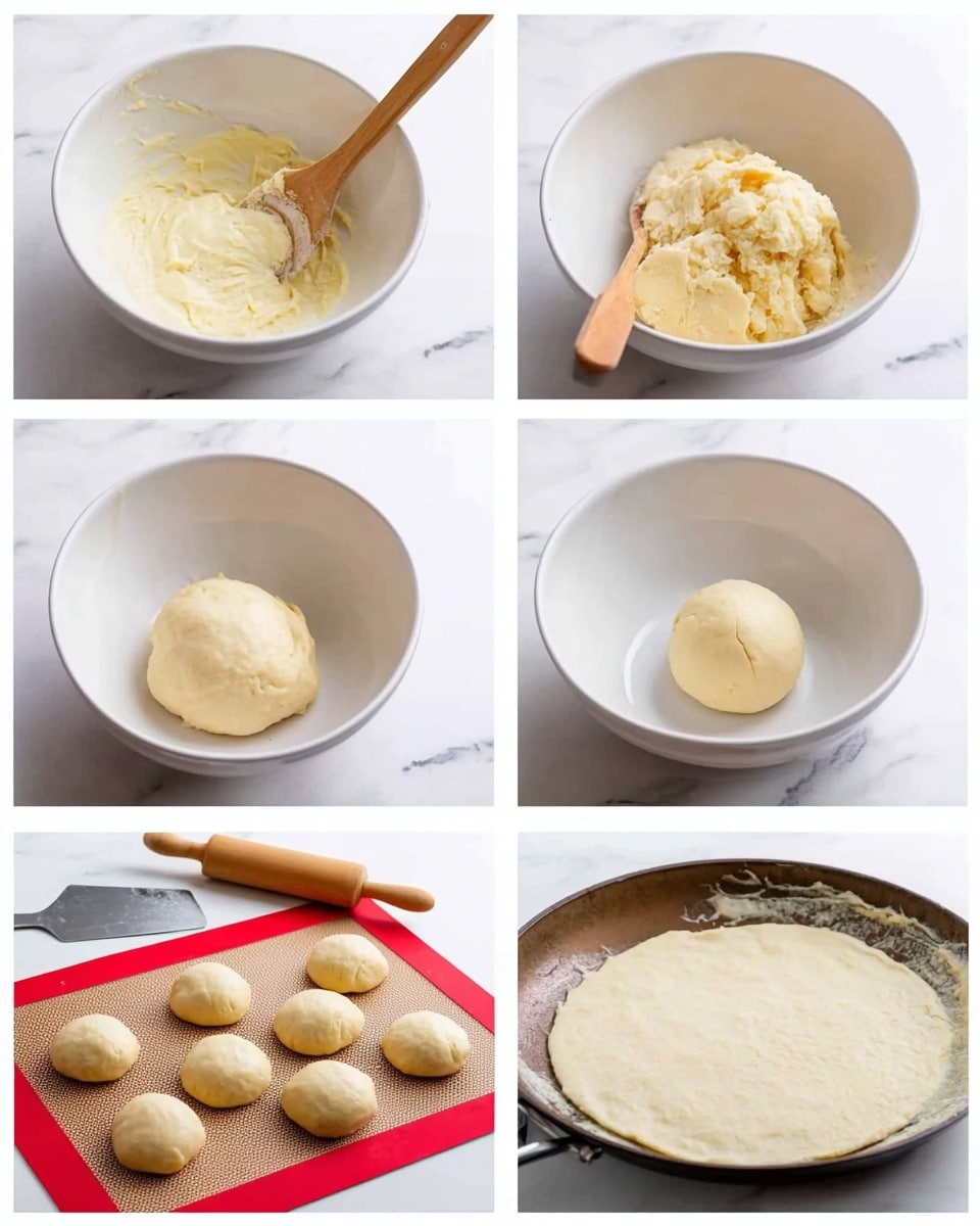 A set of six images showing dough preparation stages, each in a white bowl or on a white marbled surface with a red baking mat. The first image shows a white bowl with light yellow batter and a wooden spoon stirring it. The second image has the same bowl, now filled with thick, rough dough partially pressed by the wooden spoon. The third image shows a smooth round dough ball resting inside the same white bowl. The fourth image features nine small dough balls arranged on a red baking mat with a wooden rolling pin and a metal scraper nearby. The fifth image has one dough ball flattened into a smooth, round, pale yellow dough disk on the red mat, with the rolling pin at the top. The last image shows a light dough circle cooking in a skillet, its surface slightly bubbly and uneven. photo taken with an iphone --ar 4:5 --v 7