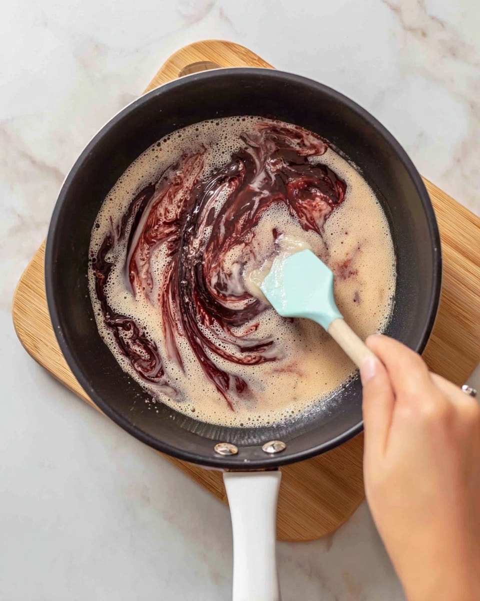 A top view of a black cooking pan on a light wood board and white marbled surface. Inside the pan, there are dark reddish-brown thick swirls mixed with lighter beige creamy liquid, showing a foamy texture. A woman's hand is stirring with a pale blue spatula, causing some mixing of the colors and foam on the surface of the liquid. The pan handle is white, contrasting with the dark pan and light background. photo taken with an iphone --ar 4:5 --v 7