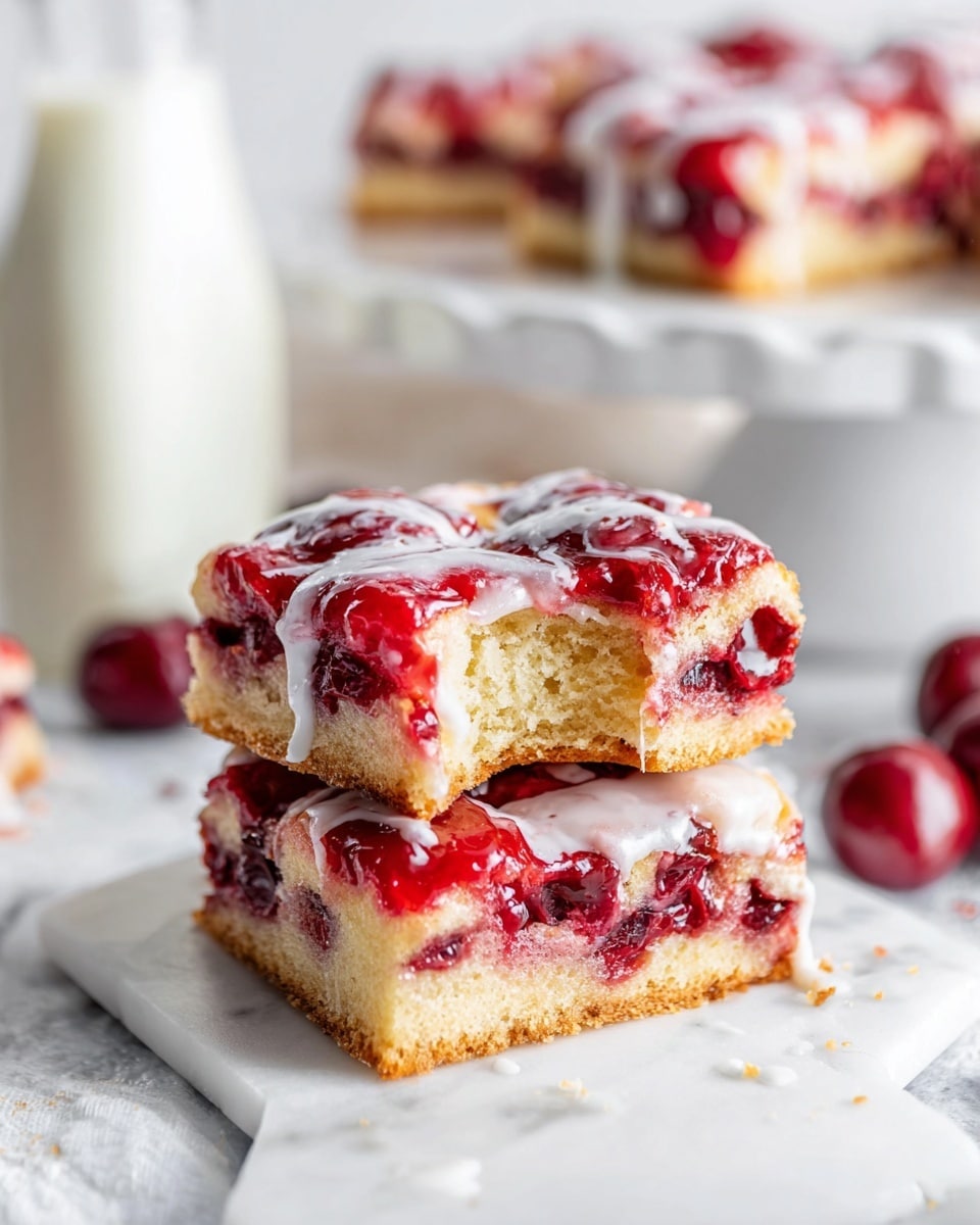 The image shows two square slices of a fruit dessert stacked on a white marbled surface, each with three layers: a light golden-brown cake base, a thick middle layer of glossy red cherries, and a top layer of glaze or icing that drips slightly down the sides. The top slice has a bite taken out, revealing the soft texture of the cake and juicy cherry filling. In the background, there is a blurred white cake stand with more slices of the dessert and a glass bottle of milk. The scene looks bright and fresh, with a soft focus on the main dessert stack. Photo taken with an iphone --ar 4:5 --v 7