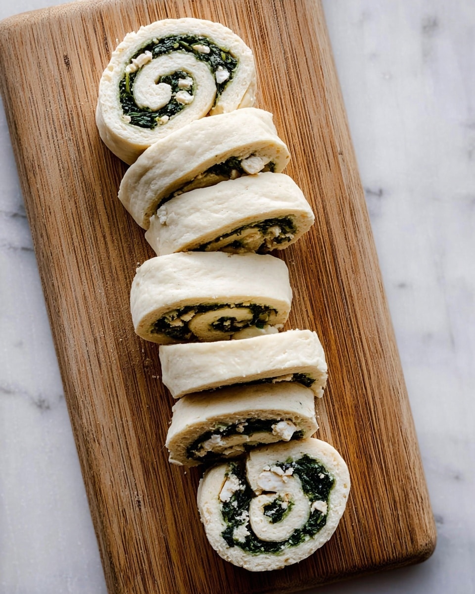 There are several white dough rolls sliced into pieces, arranged vertically on a wooden board with a visible grain texture. Each piece shows a spiral pattern with three layers: the outer layer is smooth pale dough, the middle layer is a dark green leafy filling, and inside that, there are bits of white cheese scattered unevenly. The rolls at the top are positioned slightly turned to display the spiral clearly, while the bottom ones are stacked flat. The whole scene is set on a white marbled surface. photo taken with an iphone --ar 4:5 --v 7