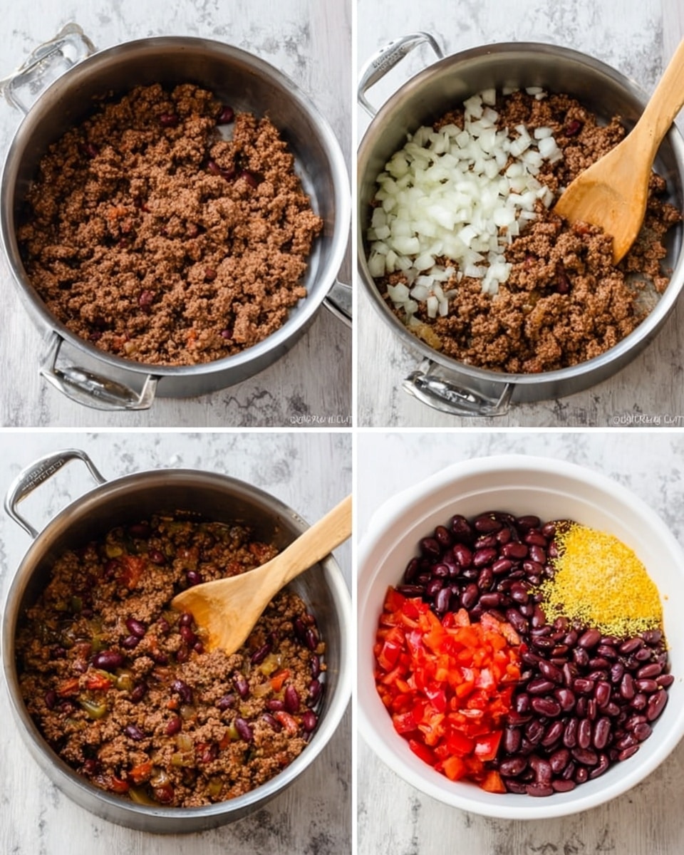 The image shows a set of four photos showing different steps of making a minced meat dish. The first photo has cooked ground meat that is brown and crumbly, inside a silver pan with two small handles, placed on a white marbled surface, with a wooden spoon resting inside the pan on the right side. The second photo shows the same pan with the brown meat and a pile of small white chopped onions on top, with the wooden spoon stirring the mix on the right side. The third photo has the pan with the brown meat and white onion mix, with added yellow spices and white chopped garlic, with the wooden spoon on the right side again stirring the ingredients. The last photo shows a white slow cooker bowl with four distinct layers: cooked brown ground meat, dark red kidney beans, black beans, and bright red chopped tomatoes with peppers on one side, the food is neatly placed without mixing. Photo taken with an iphone --ar 4:5 --v 7