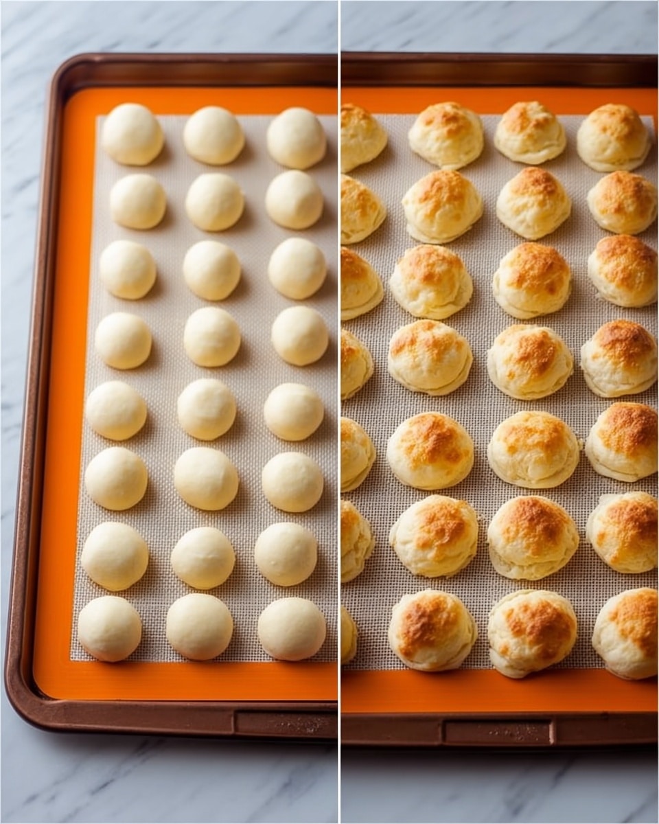 The image shows two side-by-side views of a baking sheet on a white marbled surface. On the left side, there are 24 small, pale dough circles that are smooth and evenly spaced in rows on the white baking sheet lined with an orange silicone mat. On the right side, the same dough circles have expanded into round, golden-brown puffs with a slightly cracked texture on top, retaining the same neat spacing. The baking sheet and silicone mat are consistent in both views. Photo taken with an iphone --ar 4:5 --v 7