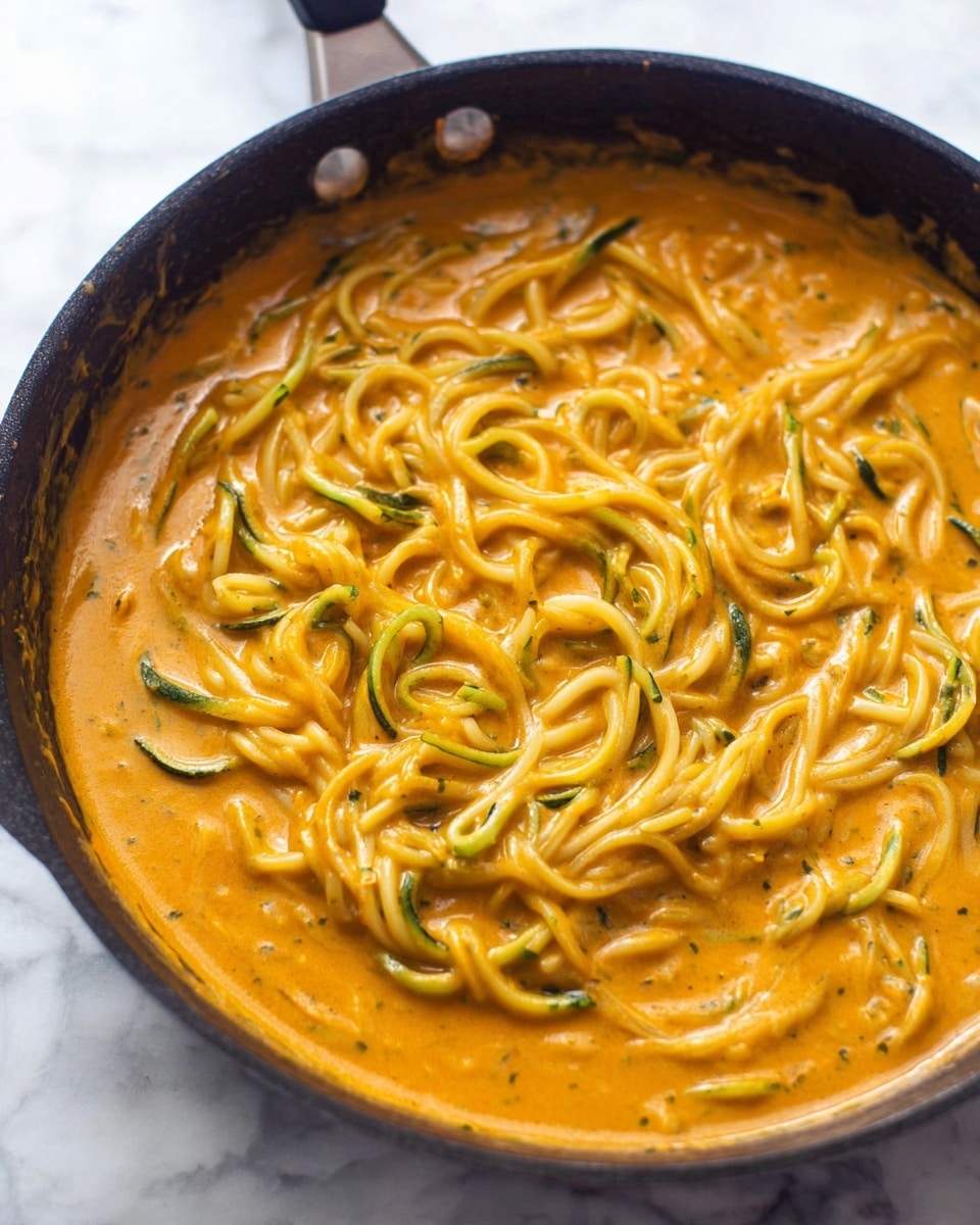 A black pan filled with thick orange sauce mixed with spiral-shaped green and pale yellow noodles. The sauce looks creamy and smooth with some small specks of herbs or spices throughout. The noodles are scattered unevenly in the sauce, with some parts showing more of the noodles and other parts more sauce. The pan sits on a white marbled surface with some soft light highlighting the texture and colors of the dish. photo taken with an iphone --ar 4:5 --v 7