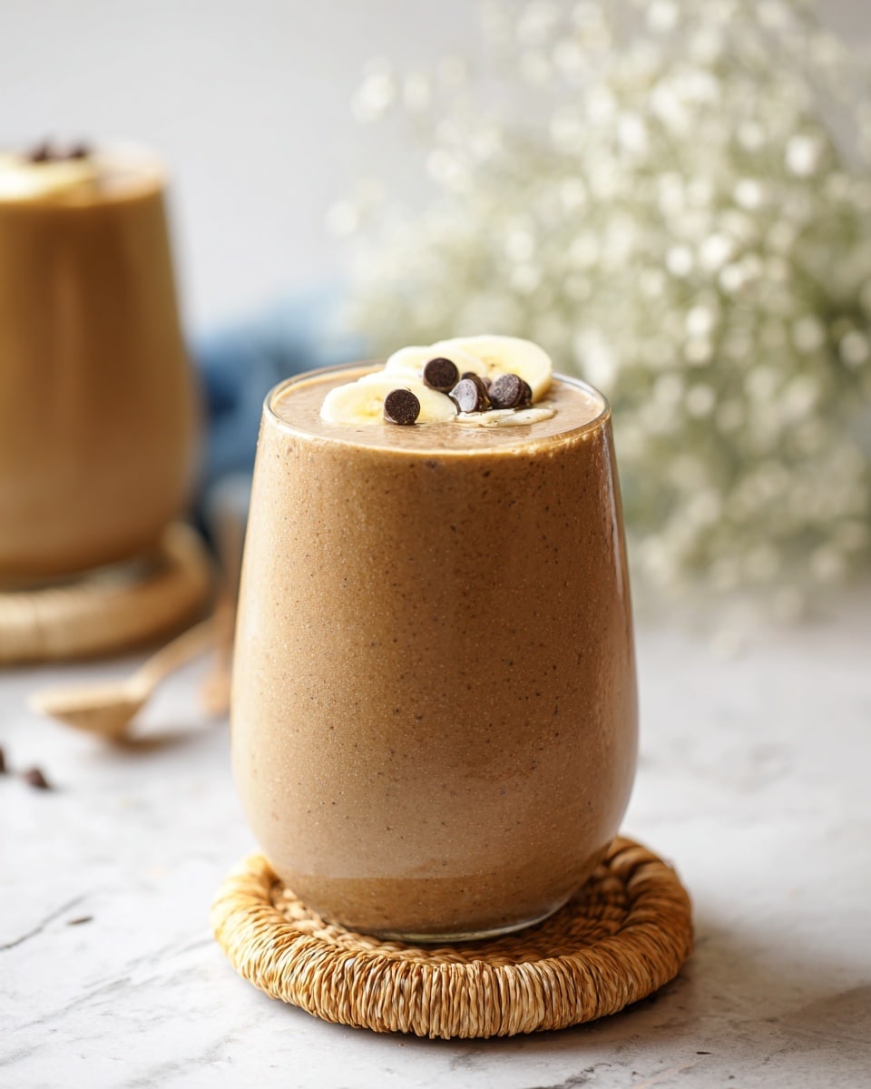 The image shows a tall glass filled with a thick, light brown smoothie with a creamy texture. On top, there are a few dark brown chocolate chips and a thin slice of banana placed near the center. The glass is resting on a small, natural woven coaster with a rounded shape, sitting on a white marbled surface. In the background, another similar glass is visible but out of focus. There is a blurred bunch of small white flowers behind the glass, adding a soft touch to the scene. The overall lighting is bright and natural, highlighting the smoothie's smooth and rich look. photo taken with an iphone --ar 4:5 --v 7