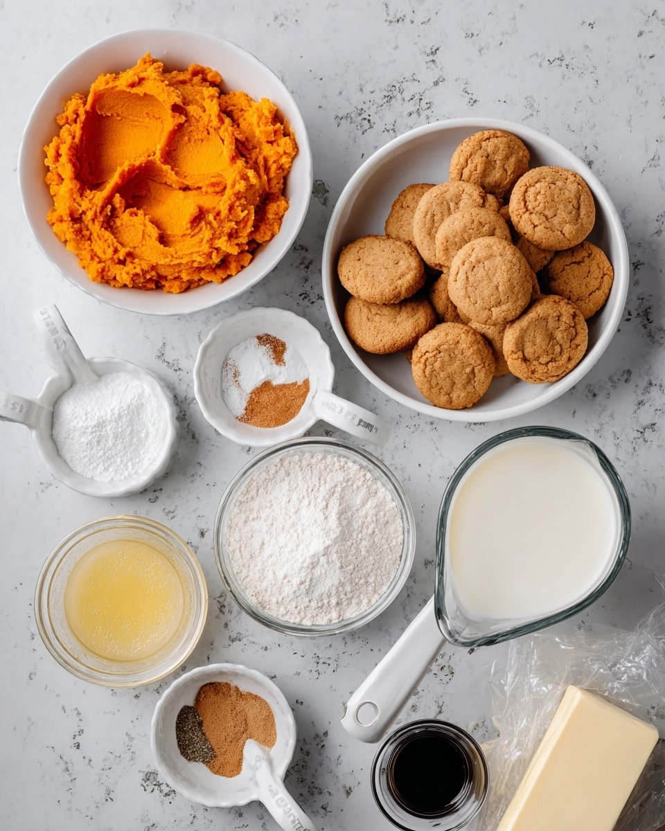 The image shows several white bowls and measuring cups arranged on a white marbled surface, each filled with different baking ingredients. There is one bowl with bright orange mashed sweet potatoes, another bowl filled with light brown round cookies, and a third bowl holding white powdered sugar. A small white dish contains a mix of ground cinnamon, nutmeg, and salt. Two white measuring cups hold granulated sugar and a frothy yellow liquid, while a glass measuring cup is filled with creamy milk. A small glass container of dark vanilla extract sits near the bottom right corner. A wrapped block of butter is also present. Photo taken with an iphone --ar 4:5 --v 7