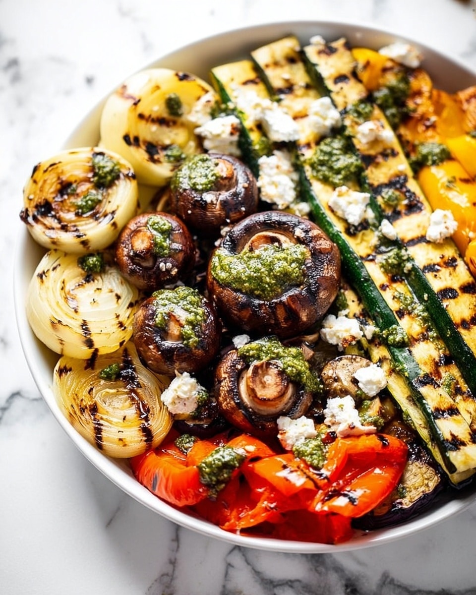 A white bowl filled with a variety of grilled vegetables neatly arranged in layers: grilled yellow zucchini slices with grill marks on the left, green chili peppers and dark brown mushrooms in the middle, topped with small dollops of white soft cheese. To the right, there are charred slices of eggplant with a golden crust and bright red grilled bell peppers. Grilled onion rings with dark grill lines are placed at the front, all lightly drizzled with a green herb sauce. The bowl sits on a light gray cloth on a white marbled surface. Photo taken with an iphone --ar 4:5 --v 7