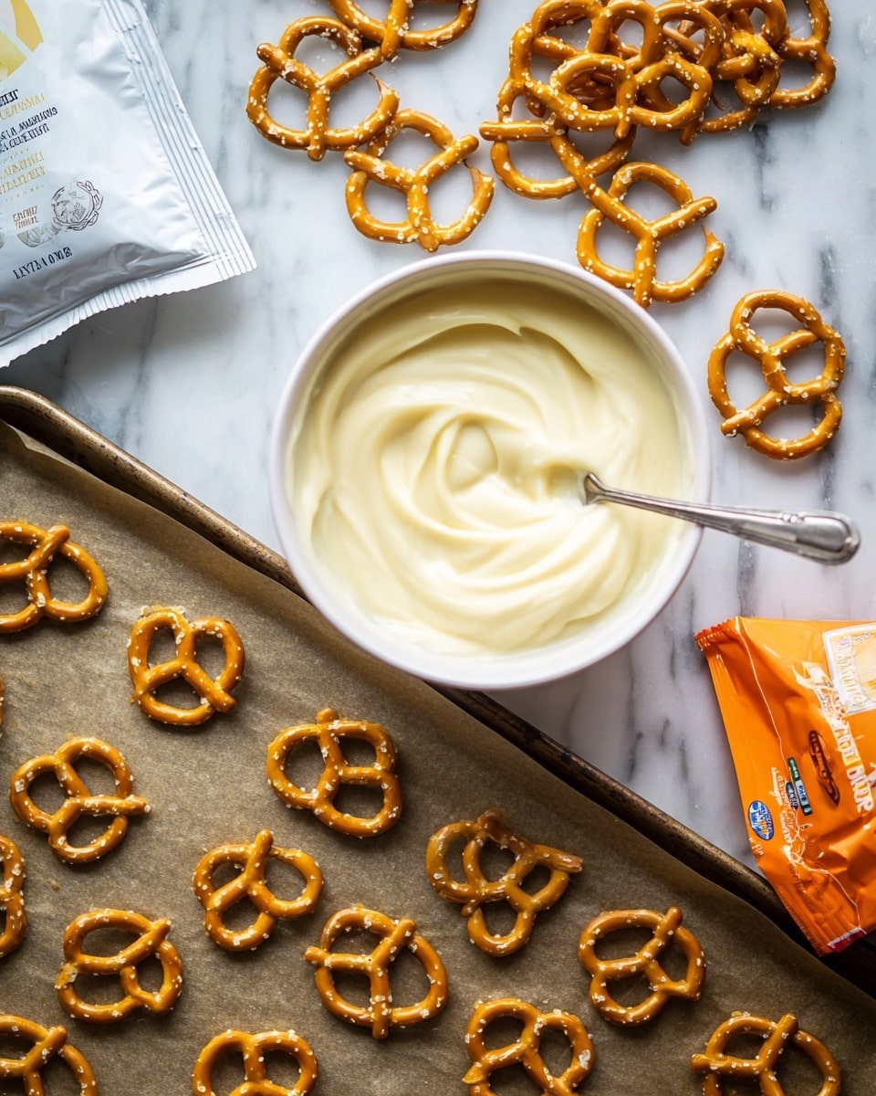 The image shows a white bowl at the top center filled with smooth, creamy white chocolate with a spoon resting inside it. Below the bowl, there is a baking sheet covered with parchment paper holding rows of small, golden-brown pretzels evenly placed across the surface. To the left of the bowl, a white bag of gourmet white baking chocolate is partially visible, while an orange bag of pretzel twists is on the right side. The whole scene is set on a white marbled surface. photo taken with an iphone --ar 4:5 --v 7
