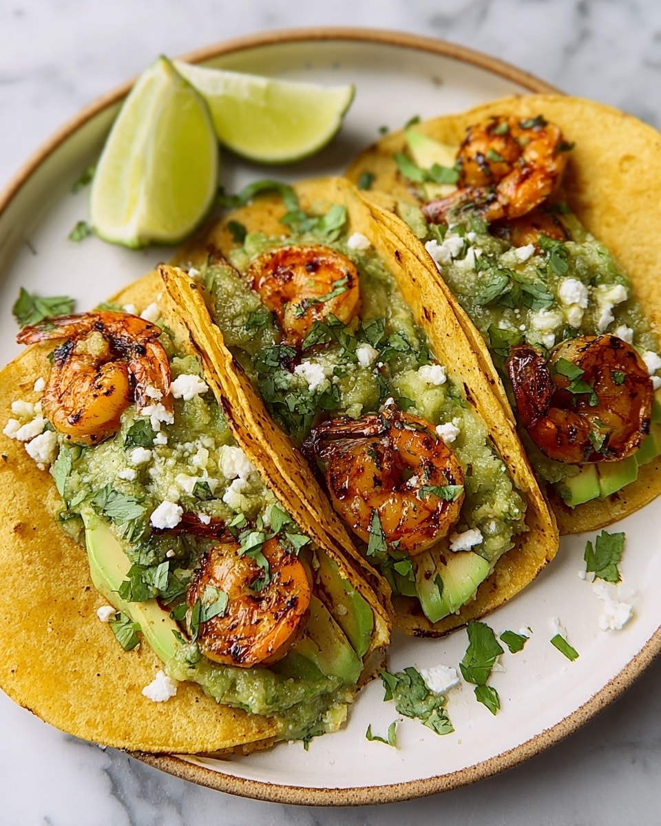 Three soft yellow corn tortillas are folded and placed side by side on a white plate with a slightly textured surface. Each tortilla holds several golden-brown grilled shrimp with a slightly charred look, resting on thin slices of pale green avocado. The shrimp and avocado are topped with a chunky green salsa and sprinkled with small white cheese crumbles and chopped fresh green cilantro. In the top left corner of the plate, there are two bright lime wedges. The plate is set on a white marbled surface. Photo taken with an iphone --ar 4:5 --v 7