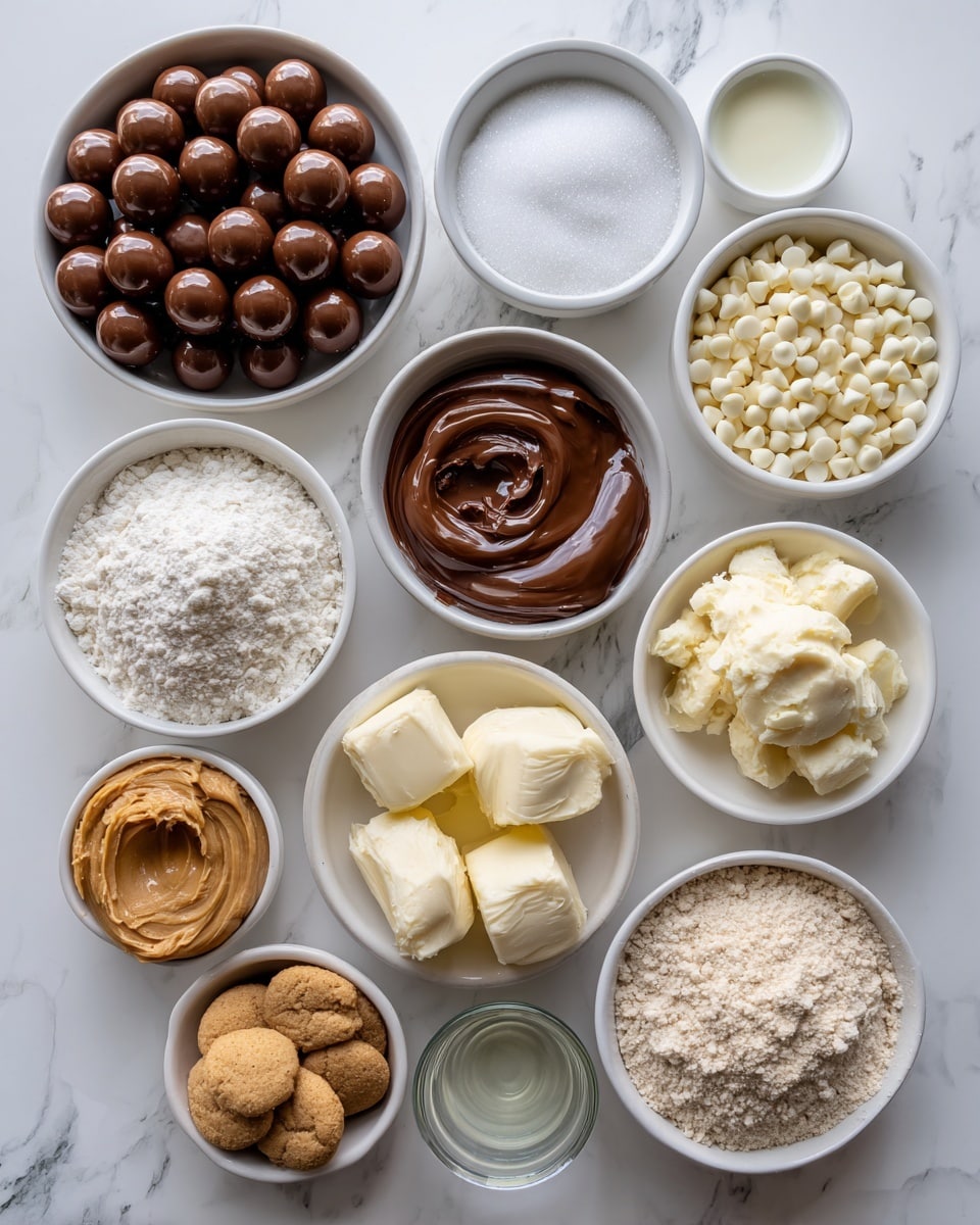 A top-down view shows twelve small white bowls arranged on a white marbled surface, each filled with different baking ingredients. The top left bowl contains round milk chocolate balls with a smooth shiny surface. Next to it, a bowl holds white granulated sugar, and to the right, a bowl filled with smooth dark brown chocolate spread. Above right is a bowl with small white chocolate chips mixed with dark dots. Below the chocolate balls is a bowl of thick white butter, and beside it, a bowl of creamy light tan peanut butter. In the middle, a clear small bowl contains white baking soda, and below that, a larger bowl holds white flour with a powdery texture. To the right is a bowl with light brown powdered graham crackers. Below left is a small white bowl with a beaten egg, and next to it, a small clear bowl with light brown vanilla extract. Finally, there is a small bowl of white milk and another small bowl with white granulated sugar. The white marbled surface adds clean and bright contrast. photo taken with an iphone --ar 4:5 --v 7