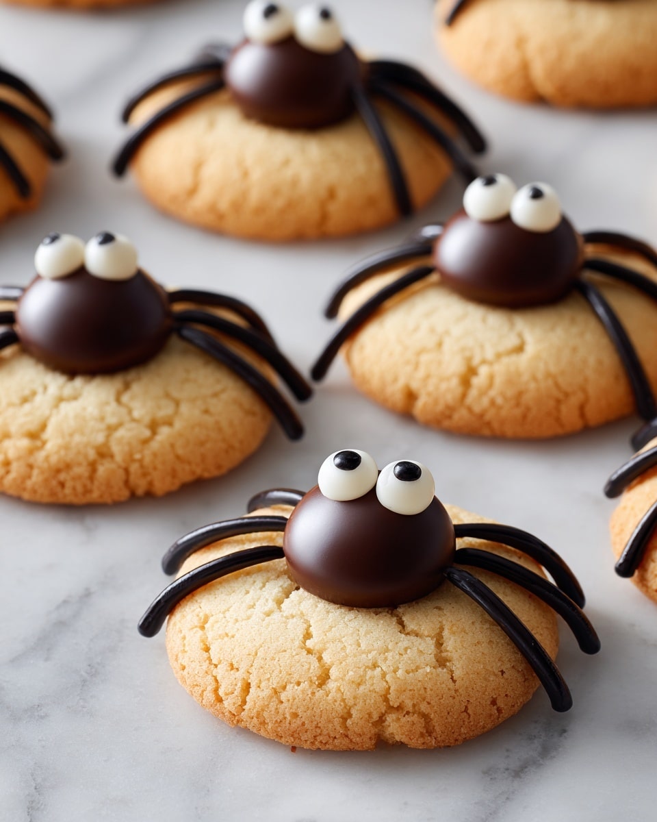 The image shows several round cookies with a light golden brown, slightly cracked surface placed on a white marbled background. Each cookie has a smooth, shiny round chocolate ball in the center as the spider body. Around each chocolate ball, there are eight dark chocolate legs drawn with a glossy texture, four on each side extending outward on the cookie surface. Each spider has two large white candy eyes with black pupils on the chocolate ball, giving them a cute and playful look. The cookies are evenly spaced, filling the frame and showing their soft, crumbly texture clearly. Photo taken with an iphone --ar 4:5 --v 7
