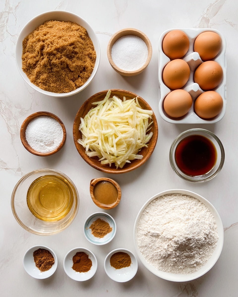 The image shows various baking ingredients arranged neatly on a white marbled surface. There is a white bowl filled with brown sugar on the left, and next to it are three small wooden bowls containing salt, baking powder, and another white powder. Above these, there is a white egg tray holding four brown eggs. In the center, a white bowl holds shredded apple. To the right, there is a small brown bowl with a light brown paste, a small white bowl with vanilla extract, a glass filled with apple cider vinegar, and a large white bowl filled with flour at the bottom right. In front of the flour bowl, there are four small white dishes with different ground spices, including cinnamon and nutmeg. The overall setup is clean and organized. Photo taken with an iphone --ar 4:5 --v 7