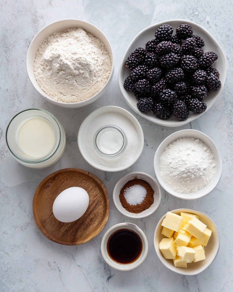 A white bowl at the bottom right is full of flour, next to a small wooden plate holding one white egg, a small glass jar of white liquid, and a small white dish with dark brown liquid. Above the plate, a larger white bowl contains many dark blackberries. To the right, a small white bowl has white salt, and next to it another small white bowl holds a white powder, all on a white marbled background. Near the blackberries bowl, a small white bowl contains yellow cubes of butter. On the left side, there is a small white bowl with a dark brown powder, a small white bowl filled with white sugar, another white bowl filled with white powder, and a small white bowl with clear liquid. photo taken with an iphone --ar 4:5 --v 7