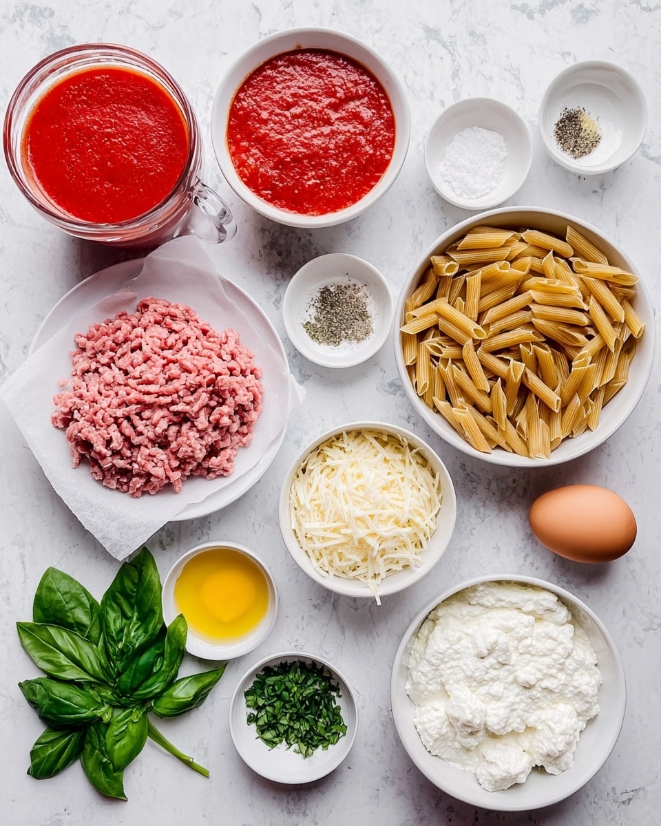The image shows several white bowls and plates arranged on a white marbled surface, holding different ingredients for cooking. From left to right and top to bottom, there is a glass jug with bright red tomato sauce; a white plate with raw pink ground meat over white paper; a large white bowl filled with uncooked yellowish penne pasta; a small white bowl with fresh green chopped basil; a large white bowl with shredded pale yellow cheese; a medium white bowl with grated white cheese; a large white bowl with white ricotta cheese; three small white bowls holding olive oil, salt, and black pepper; and one brown egg placed near fresh green basil leaves. The colors are bright and natural. Photo taken with an iphone --ar 4:5 --v 7