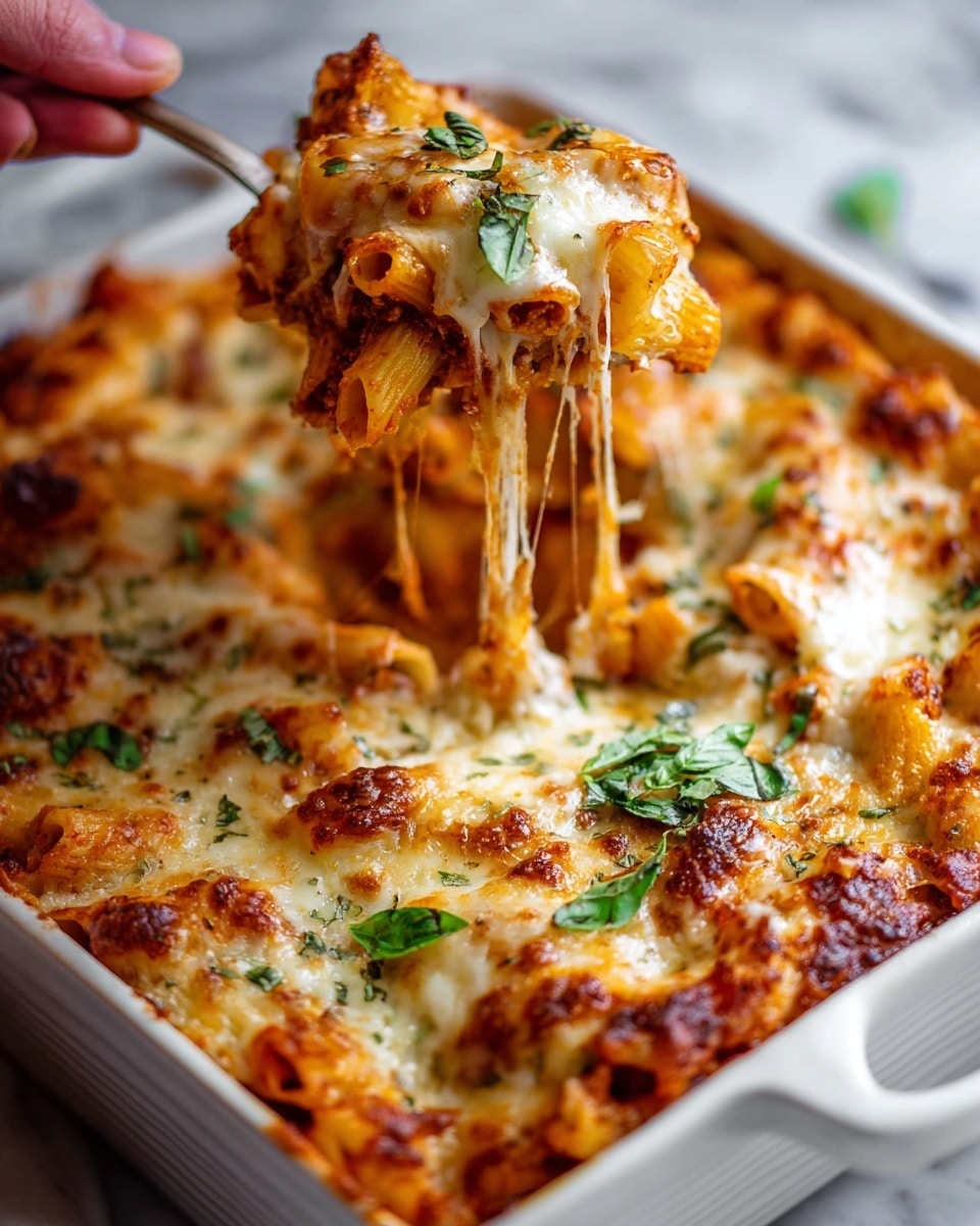 A white baking dish filled with a baked pasta casserole that has visible layers of pasta, tomato sauce, and melted cheese. The top layer is thick and golden with melted cheese that stretches as a serving spoon lifts a portion, showing gooey texture and some browned spots. Small pieces of fresh green basil are scattered on top, adding green color contrast. The dish sits on a white marbled surface with a woman's hand holding the spoon. photo taken with an iphone --ar 4:5 --v 7