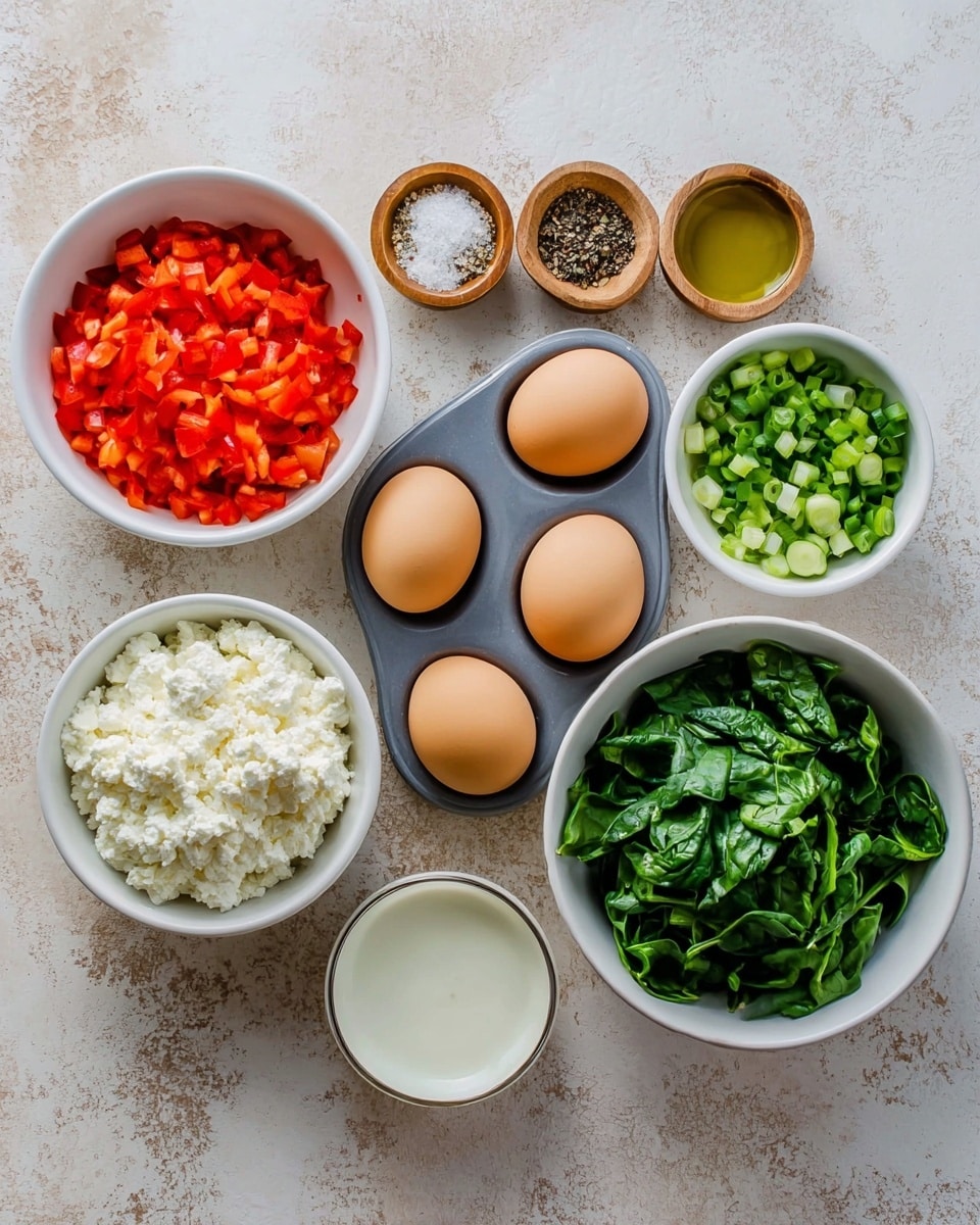 A collection of ingredients arranged neatly on a white marbled surface, featuring a white bowl filled with finely chopped red bell peppers in the top left, two small wooden bowls with black pepper and salt placed side by side at the top center, a gray egg tray holding eight brown eggs in the middle, a large white bowl to the right filled with chopped green leafy spinach, a smaller white bowl at the bottom left containing cottage cheese with a lumpy texture, a small white bowl beside it with crumbled white cheese, a tiny white bowl with a light green olive oil, and another small white bowl filled with chopped green onions. photo taken with an iphone --ar 4:5 --v 7