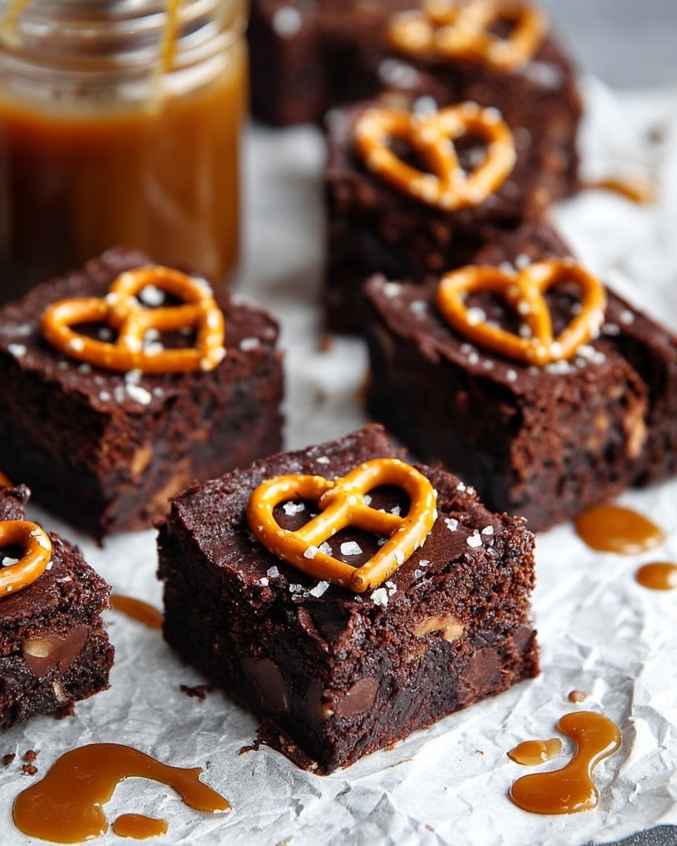 The image shows several thick, square chocolate brownies with a dark, rich color and slightly rough texture on top. Each brownie has a single golden brown pretzel with a bit of salt on top, adding a crispy and shiny contrast. The brownies are placed on white parchment paper over a white marbled surface, with small caramel drizzles and broken pretzel pieces scattered around. A clear jar filled with caramel sauce is partially visible in the background. The overall scene is warm and inviting with a mix of soft and crunchy textures. photo taken with an iphone --ar 4:5 --v 7
