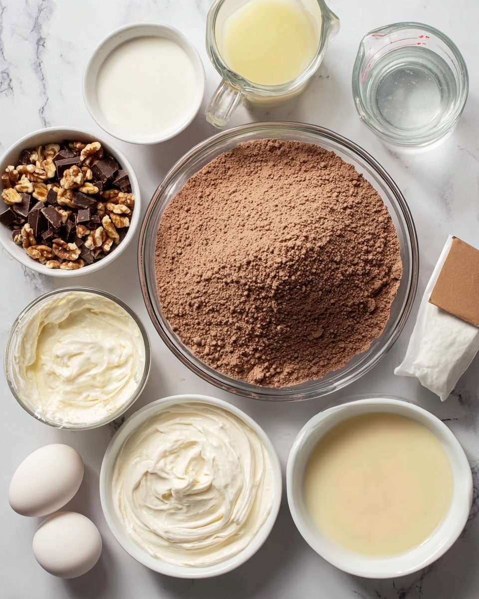 A top view shows a clear glass bowl filled with a large amount of light brown cocoa powder mix, placed on a white marbled surface. Around this bowl are several smaller white bowls: one with chopped nuts and chocolate pieces, two filled with thick white cream swirled on top, and one containing a light beige creamy liquid. Additionally, there is a small glass measuring cup with white milk, a clear glass measuring cup with water, a small white bowl with a pale yellow liquid, two white eggs lying next to a brown paper packet. The arrangement is neat and evenly spaced, with the white marbled surface adding a clean background. Photo taken with an iphone --ar 4:5 --v 7
