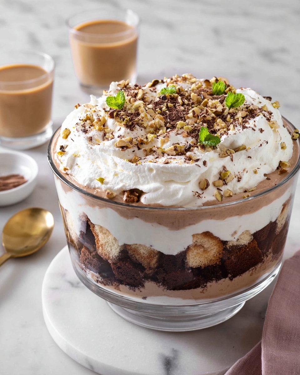 This is a clear glass bowl filled with a layered dessert placed on a white marbled surface. The bottom layer is dark brown cake pieces, followed by a thick light brown creamy layer. Above this is a layer of white cream with darker cake chunks embedded in it. Another thick light brown creamy layer sits on top of the cake chunks, and the dessert is finished with a thick, fluffy white whipped cream layer, sprinkled with crushed nuts and chocolate bits, and decorated with small green mint leaves. In the background, there are two small clear glasses with light brown liquid. Photo taken with an iphone --ar 4:5 --v 7
