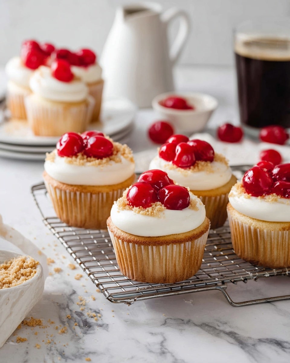 The image shows a top view of baking ingredients and finished cupcakes on a white marbled surface. On the left side, there is a cooling rack holding a layer of twelve golden-yellow cupcakes in white paper liners, each with a soft, slightly cracked top. Around the cupcakes, there are white bowls and plates with various ingredients: one bowl contains bright red cherries in syrup, another has a stick of pale yellow butter, and a third bowl is filled with white powdered sugar. A white plate holds a block of smooth, cream-colored cream cheese, and a small black bowl contains a dark liquid, likely vanilla extract. Next to the cooling rack, a small bowl has light brown, crumbly crushed cookies or crackers. The setup is clean and organized, with all items arranged neatly against the white marbled background, photo taken with an iphone --ar 4:5 --v 7