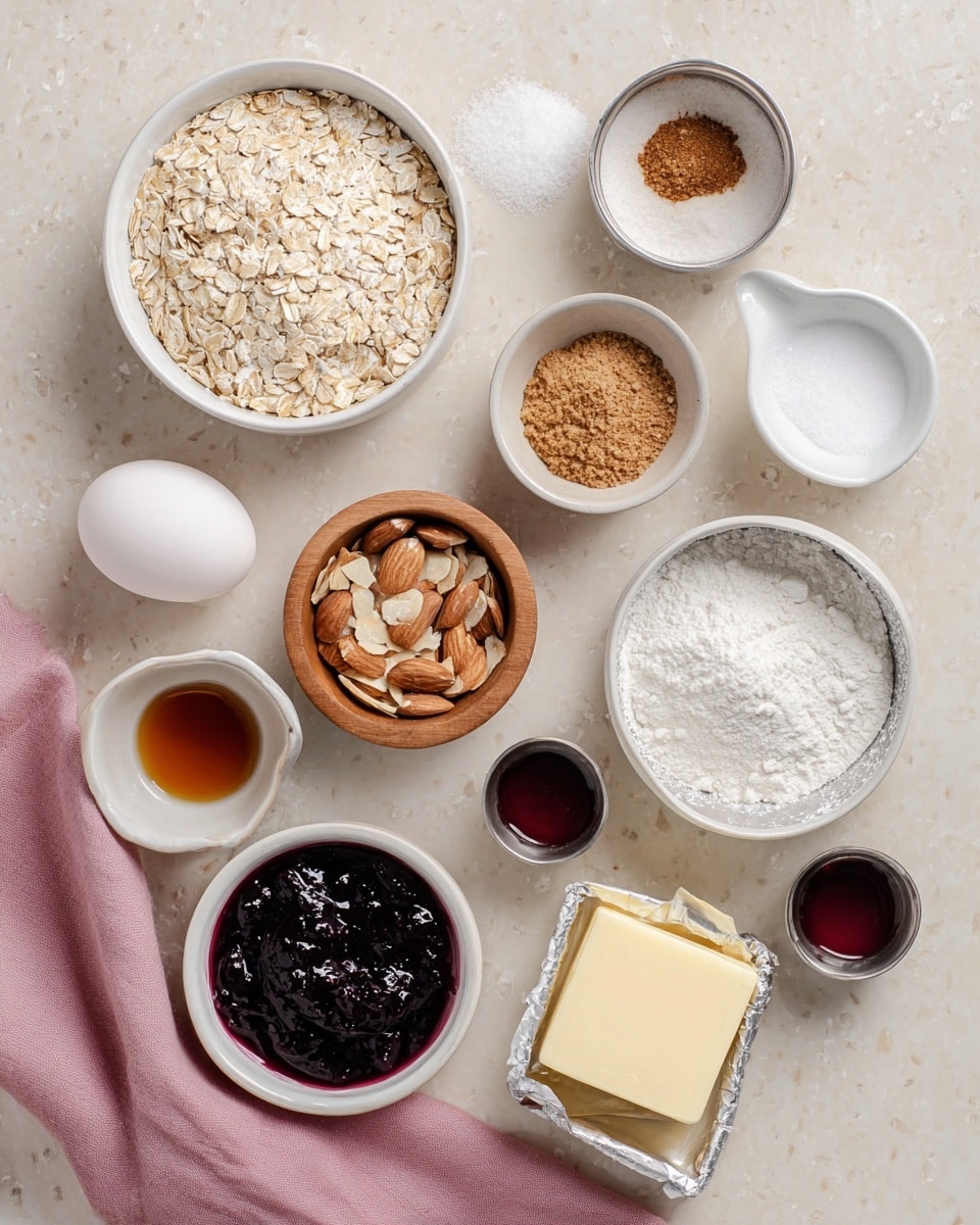 A top view of several white bowls and a small wooden bowl arranged on a white marbled surface, each filled with different ingredients: one bowl with light beige oats showing rough texture, another with fine white flour, a small metal bowl with brown cinnamon powder, another with light brown sugar, a wooden bowl with sliced almonds, a white bowl with glistening dark purple jam, and a white jug with a clear liquid; alongside a white bowl with white granulated sugar, a whole white egg, a small white bowl containing a light yellow stick of butter, and two small metal cups with a dark red liquid and a clear liquid; a silver-wrapped block of butter rests near a folded pink cloth in the lower corner photo taken with an iphone --ar 4:5 --v 7