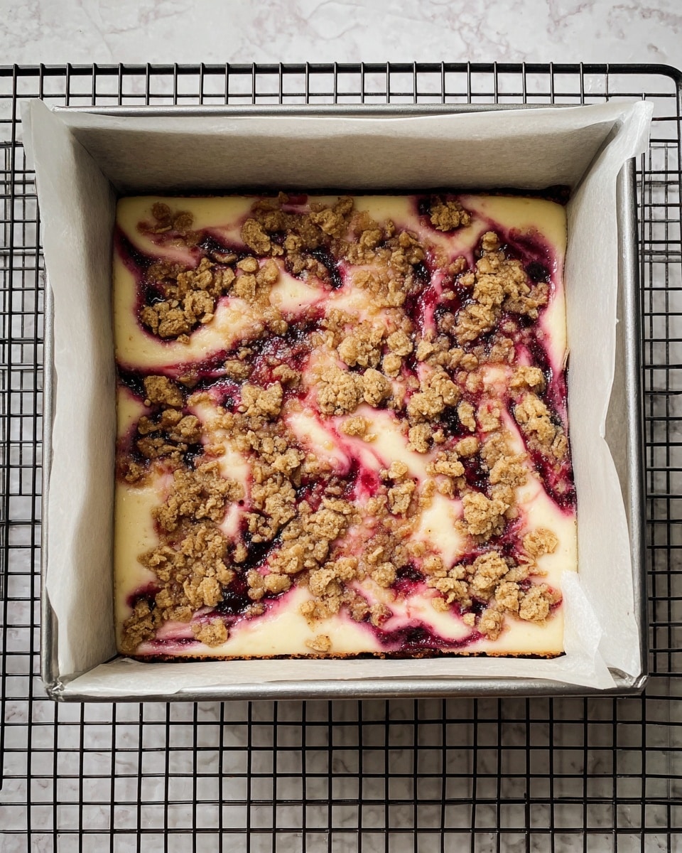 The image shows a square cake in a metal baking pan lined with white parchment paper. The cake has a smooth, light beige base layer with visible swirls of red and dark purple fruit sauce creating a marbled effect on the surface. Scattered unevenly on top are golden brown clusters of crumbly oat and nut streusel, adding a rough texture that contrasts with the smooth cake underneath. The pan rests on a black wire cooling rack over a white marbled surface. Photo taken with an iphone --ar 4:5 --v 7