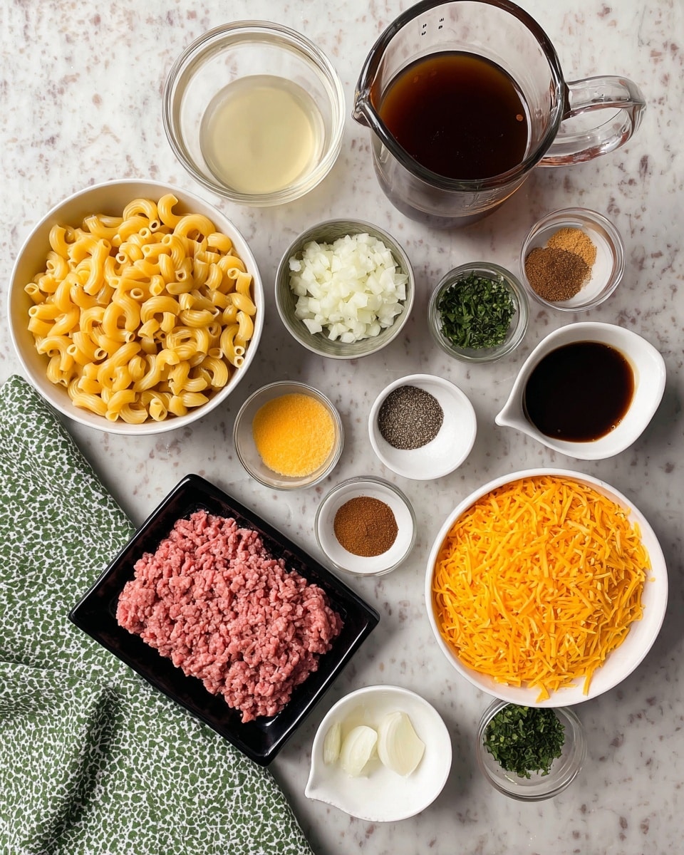 The image shows several small bowls and a black tray arranged on a white marbled surface, each holding different cooking ingredients for a dish. In the black tray, there is pink ground meat with a stringy texture. Around it, there is a white bowl filled with yellow elbow macaroni pasta, and another white bowl filled with shredded bright orange cheese. Smaller silver bowls contain minced garlic, dried green herbs, a light brown powder, a dark reddish-brown powder, black pepper, and a dark liquid. There is also a white bowl with small white onion pieces, a small white liquid measuring cup with a pale liquid, and a large clear pitcher filled with dark brown broth or sauce. A green and white patterned cloth is visible at the corner of the image. photo taken with an iphone --ar 4:5 --v 7