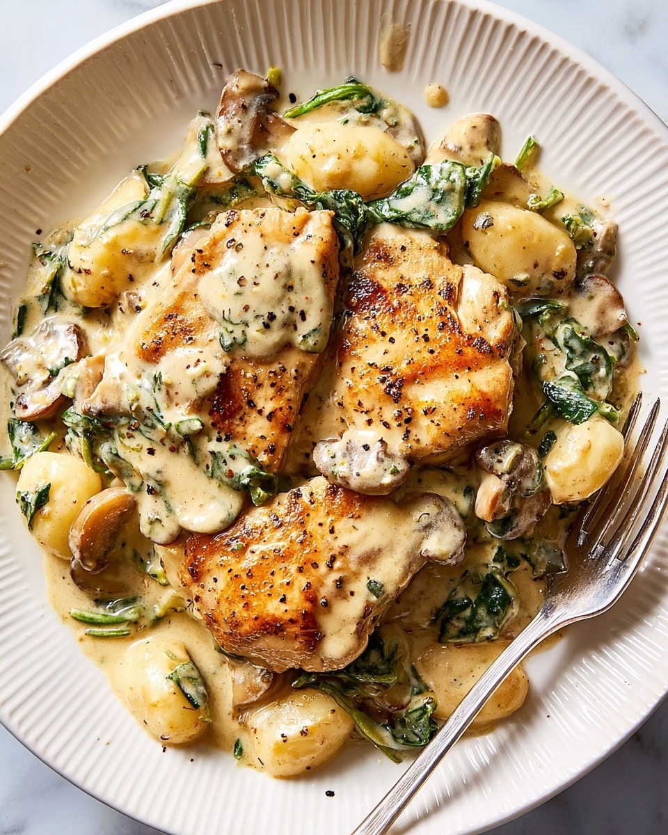 A white plate with ridged edges holds a creamy dish of four pieces of browned chicken on top. The chicken is covered in a thick, light yellow sauce flecked with black pepper and green herbs. Mixed within the sauce are soft, pale gnocchi, wilted dark green spinach, and small pieces of brown mushroom. The plate rests on a white marbled surface, with a fork placed at the bottom right edge of the plate. Photo taken with an iphone --ar 4:5 --v 7