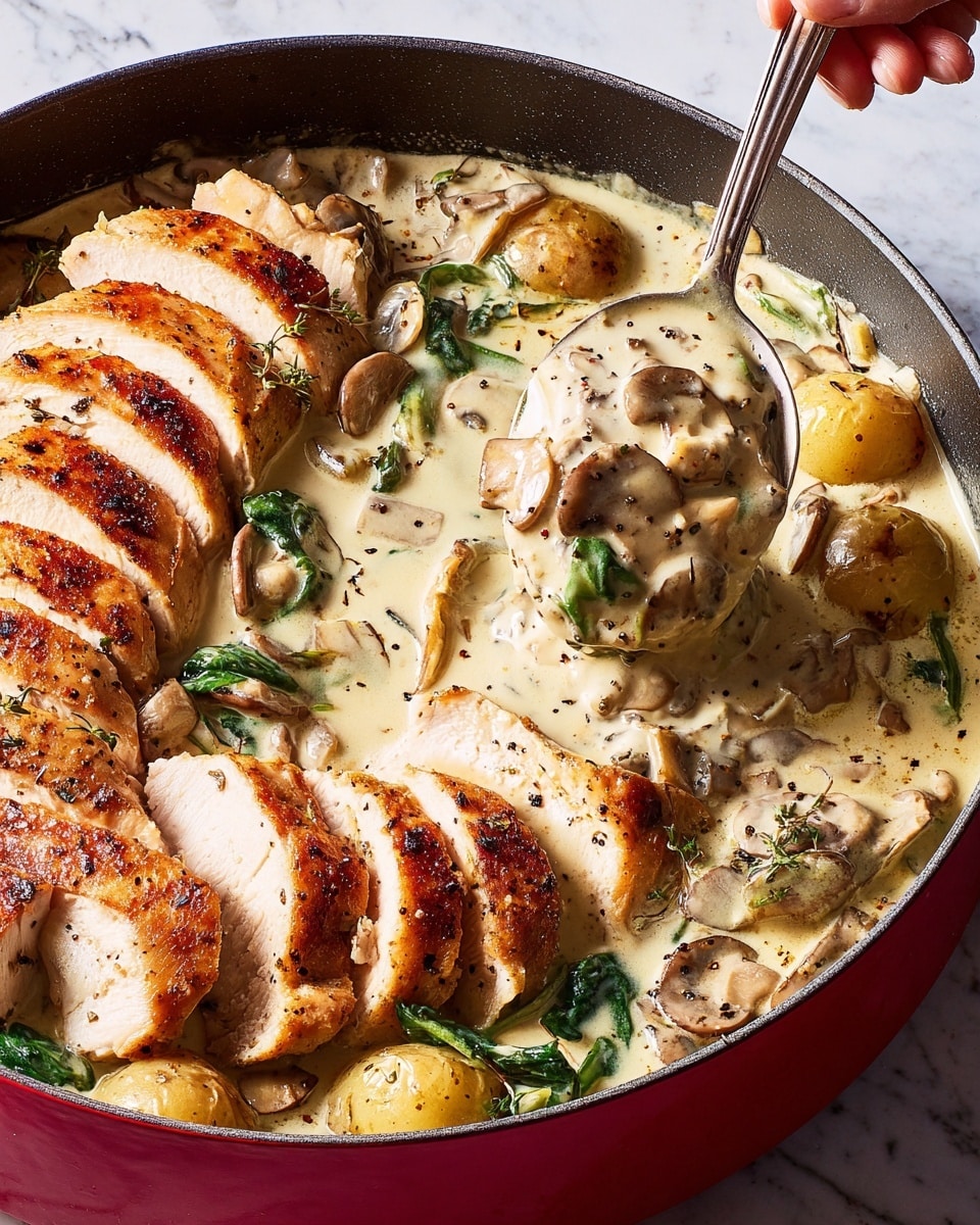 The image shows multiple slices of golden brown cooked chicken arranged in a row inside a red pan filled with thick creamy sauce that contains light tan mushrooms and bright green leafy vegetables, with some whole light yellow baby potatoes visible. A spoon lifts a large piece of chicken coated in the same creamy sauce with visible specks of black pepper and herbs, with a woman's hand holding the spoon. The sauce looks smooth and rich, surrounding the slices evenly. The background has a white marbled texture. Photo taken with an iphone --ar 4:5 --v 7